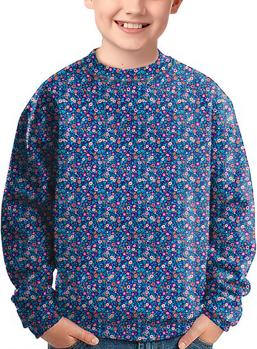 Kids dark floral crewneck pullover with colorful small flower pattern