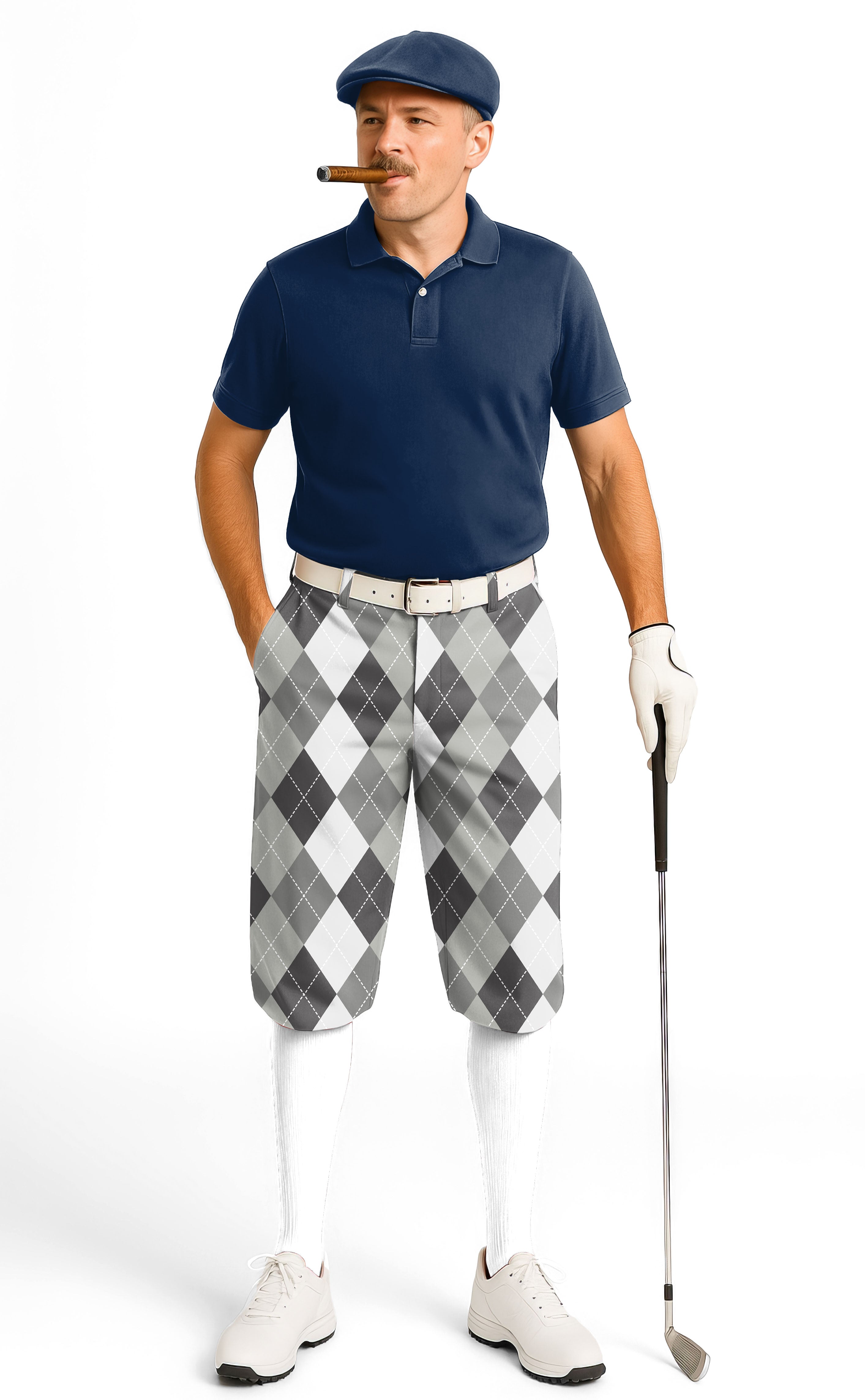 man wearing grey Argyle men's golf knickers with navy polo, white belt, glove, and holding golf club