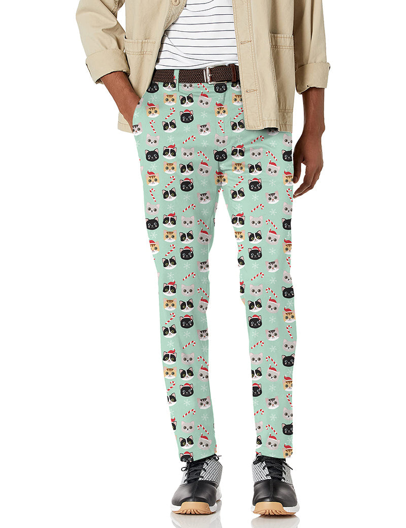 Men's Christmas cat themed stretch golf pants with moisture-wicking and wrinkle-resistant fabric