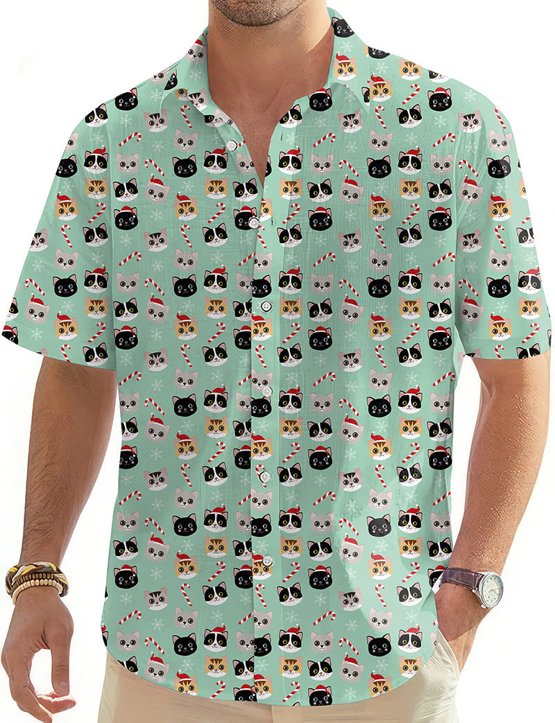 Christmas cat men's golf Hawaiian shirt with festive cat pattern and button-down design