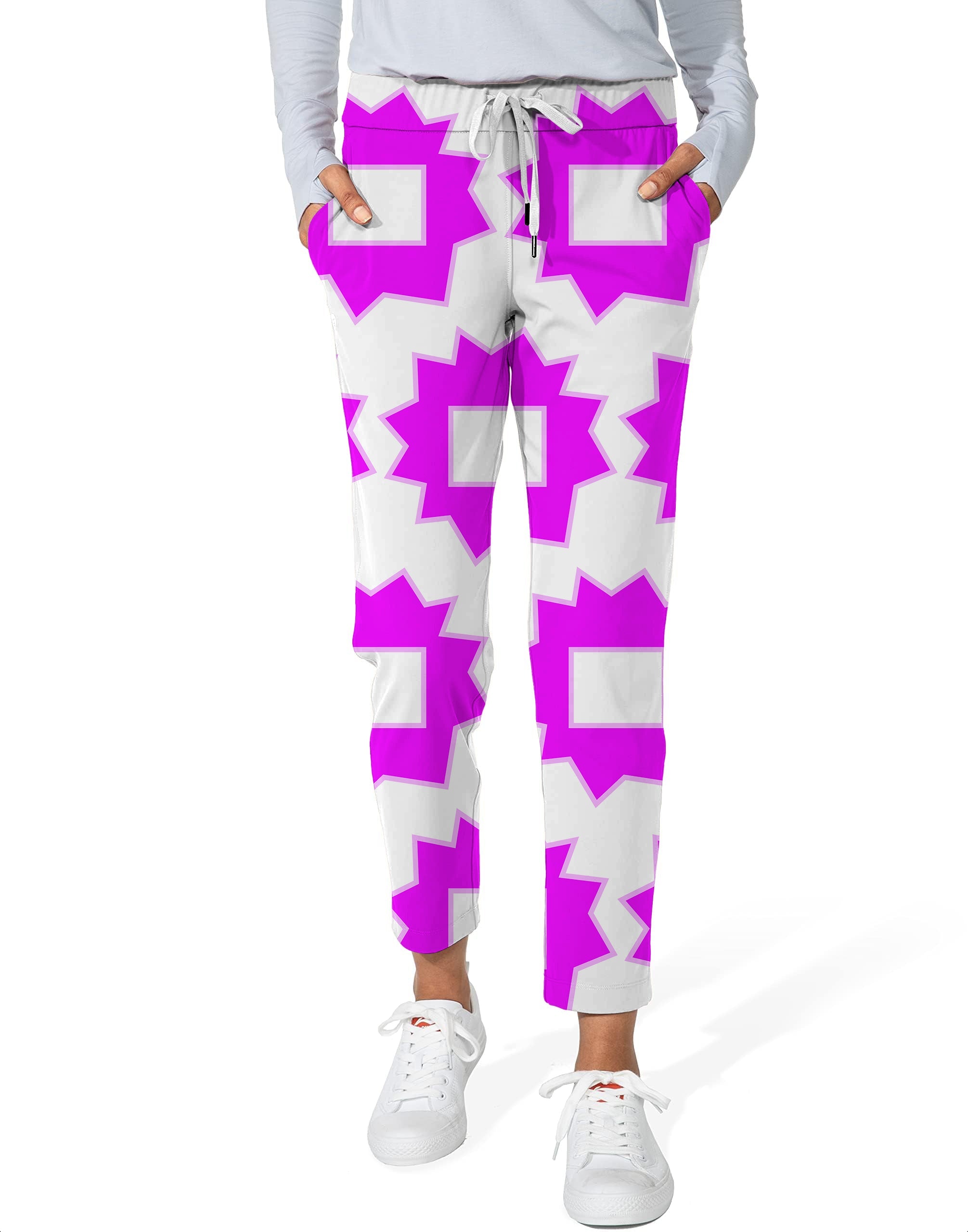 Limited Edition women's 7/8 stretch ankle golf pants with explosion geometry pattern