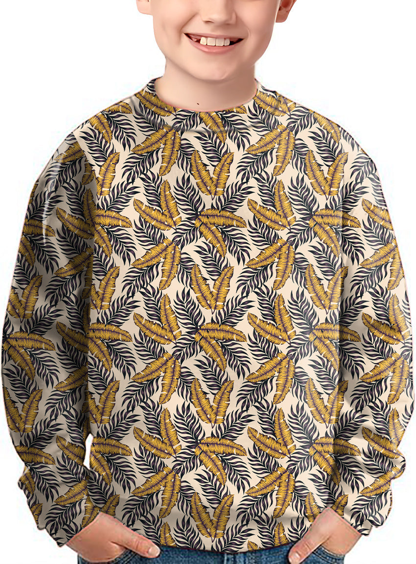 Golden Tropics Crewneck kids pullover with tropical leaf pattern