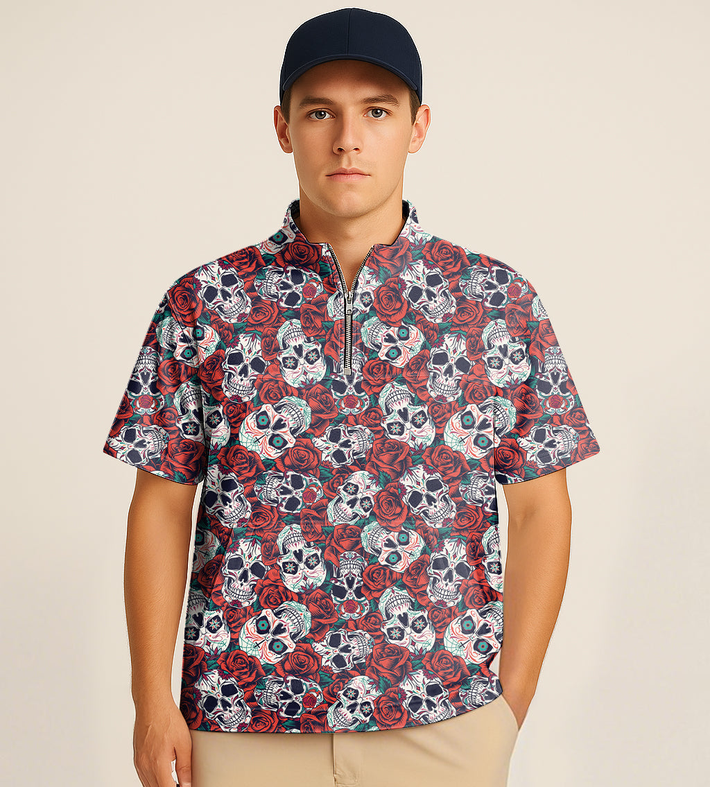 Half zipper turtleneck golf short shirt with rose skull embroidery on male model