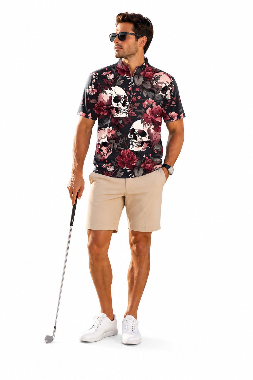 Men's Short Sleeve Quarter Zip Golf Pullover Halloween floral skull Embroidery