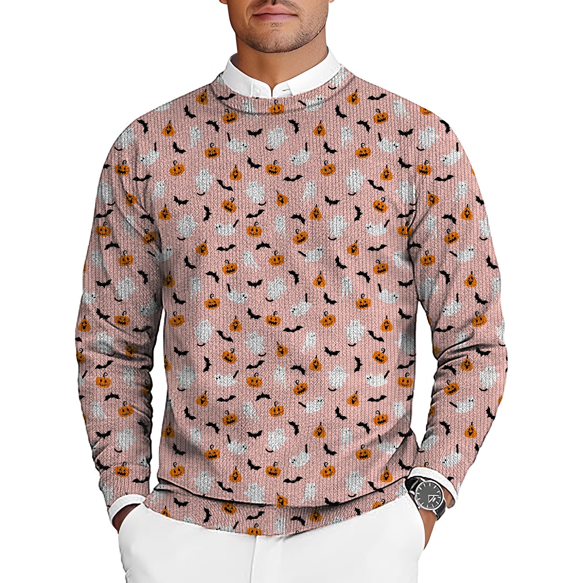 Men's Halloween Kawaii Ghost and Pumpkin golf crewneck pullover sweater with spooky cute pattern
