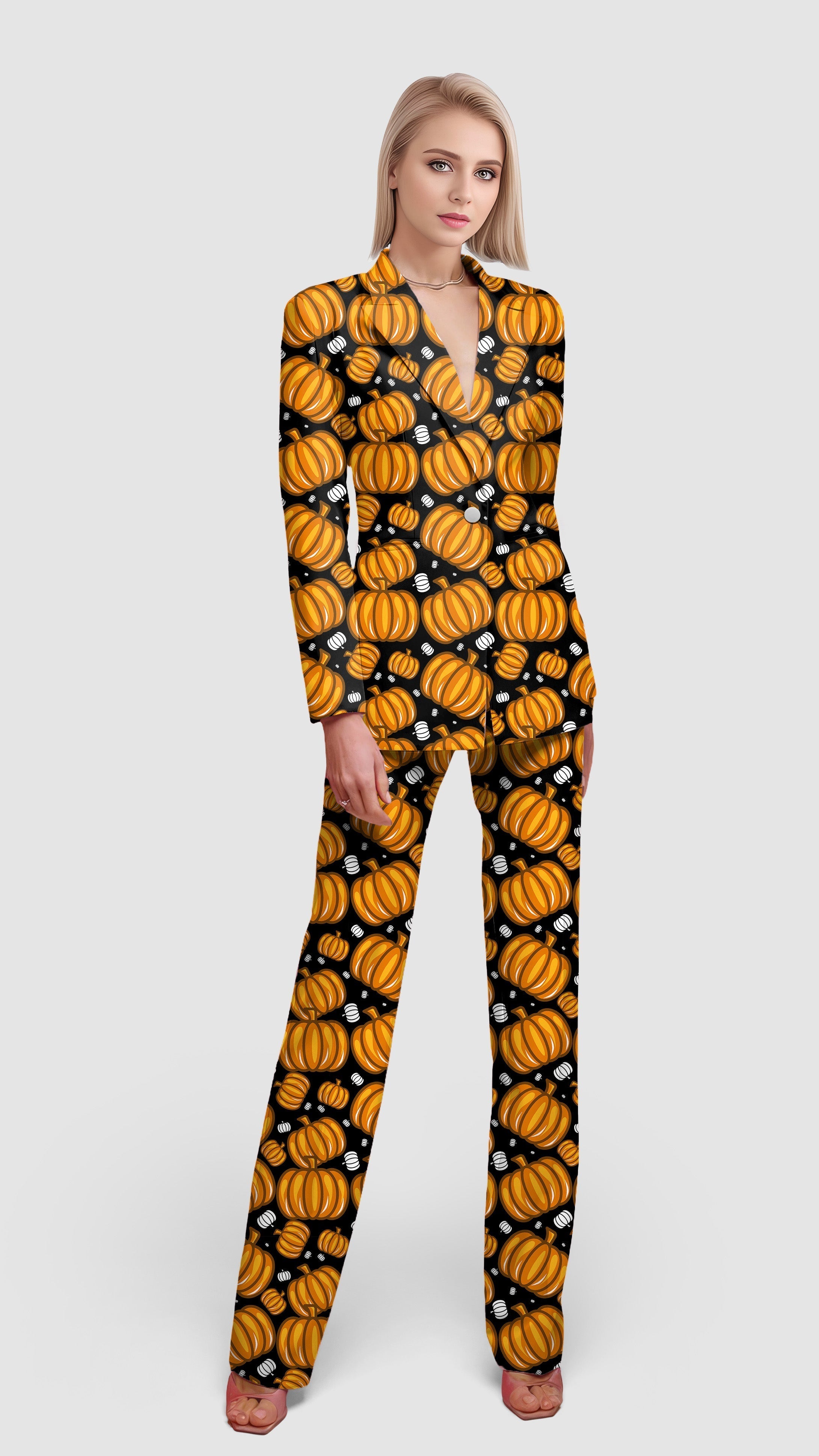 Halloween Pumpkin Family Women's blazer suit set with lapel collar and pumpkin pattern for casual and office wear