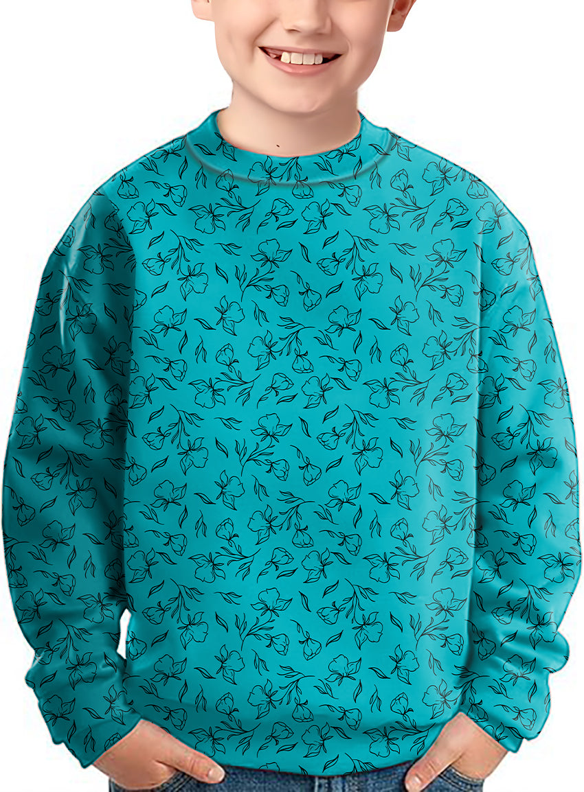 Kids teal crewneck pullover with black floral pattern limited edition