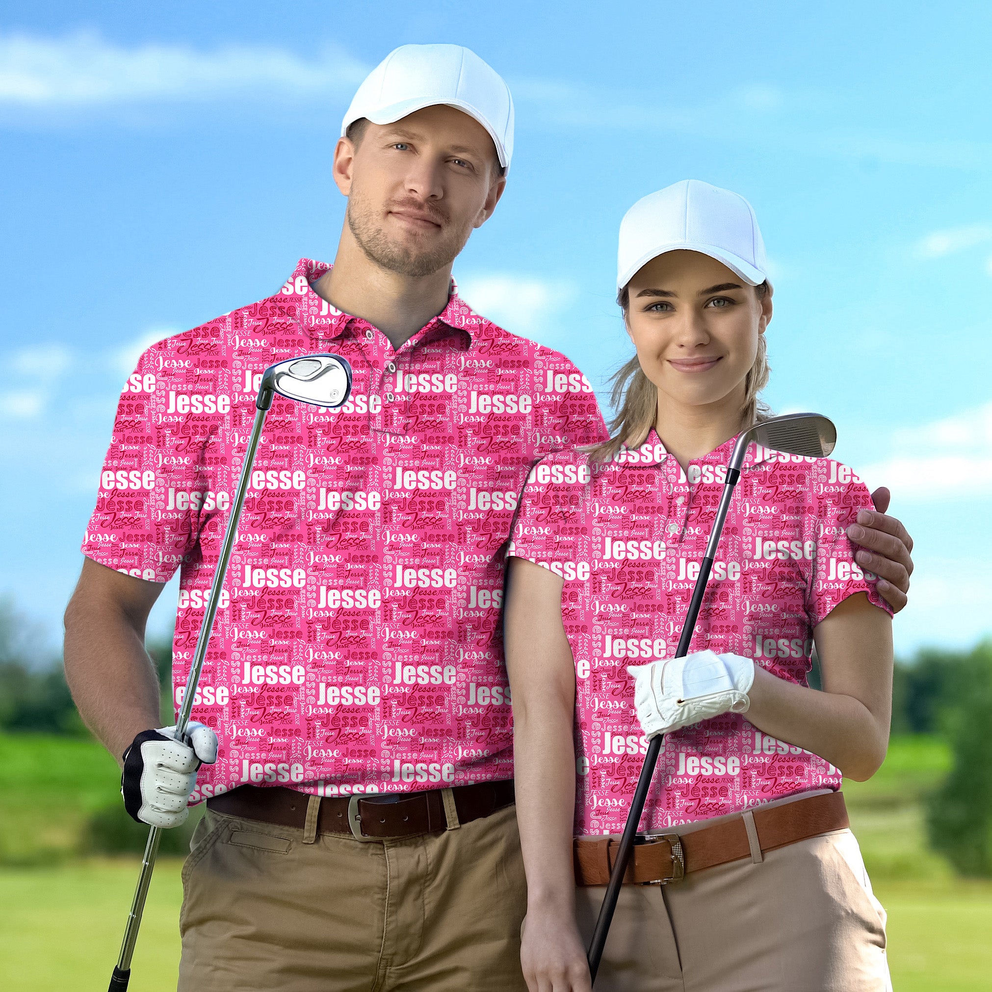 Golf Polo Couple Family set Custom name fuchsia tournament