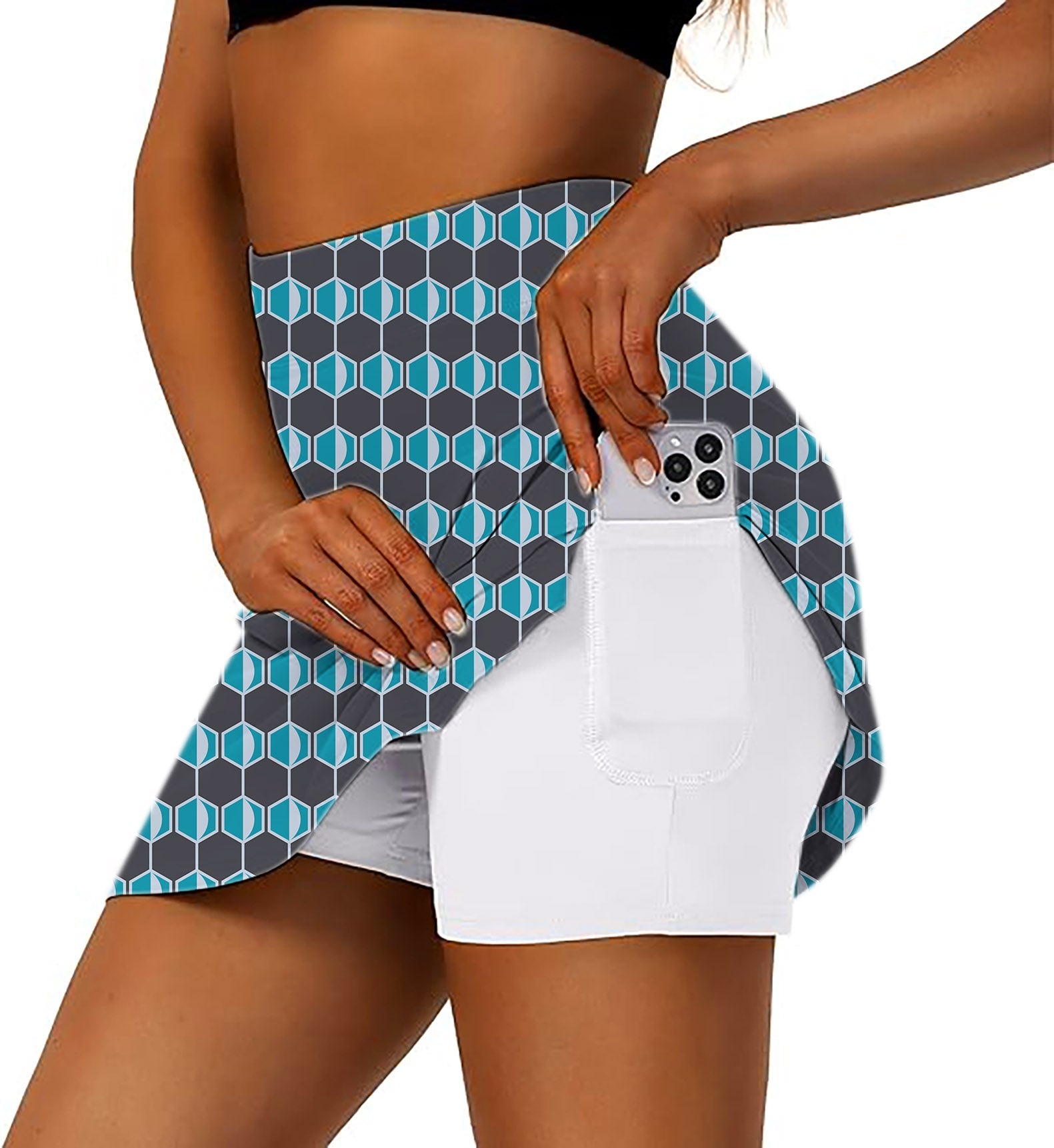 navy blue hexagon pattern women's athletic golf skort with flared skirt and phone pocket