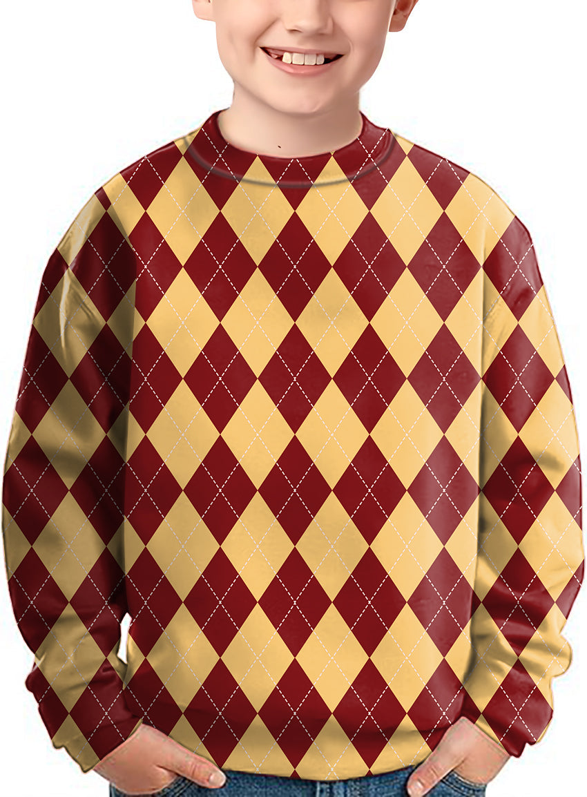 yellow red argyle crewneck pullover kids ugly sweater with diamond pattern
