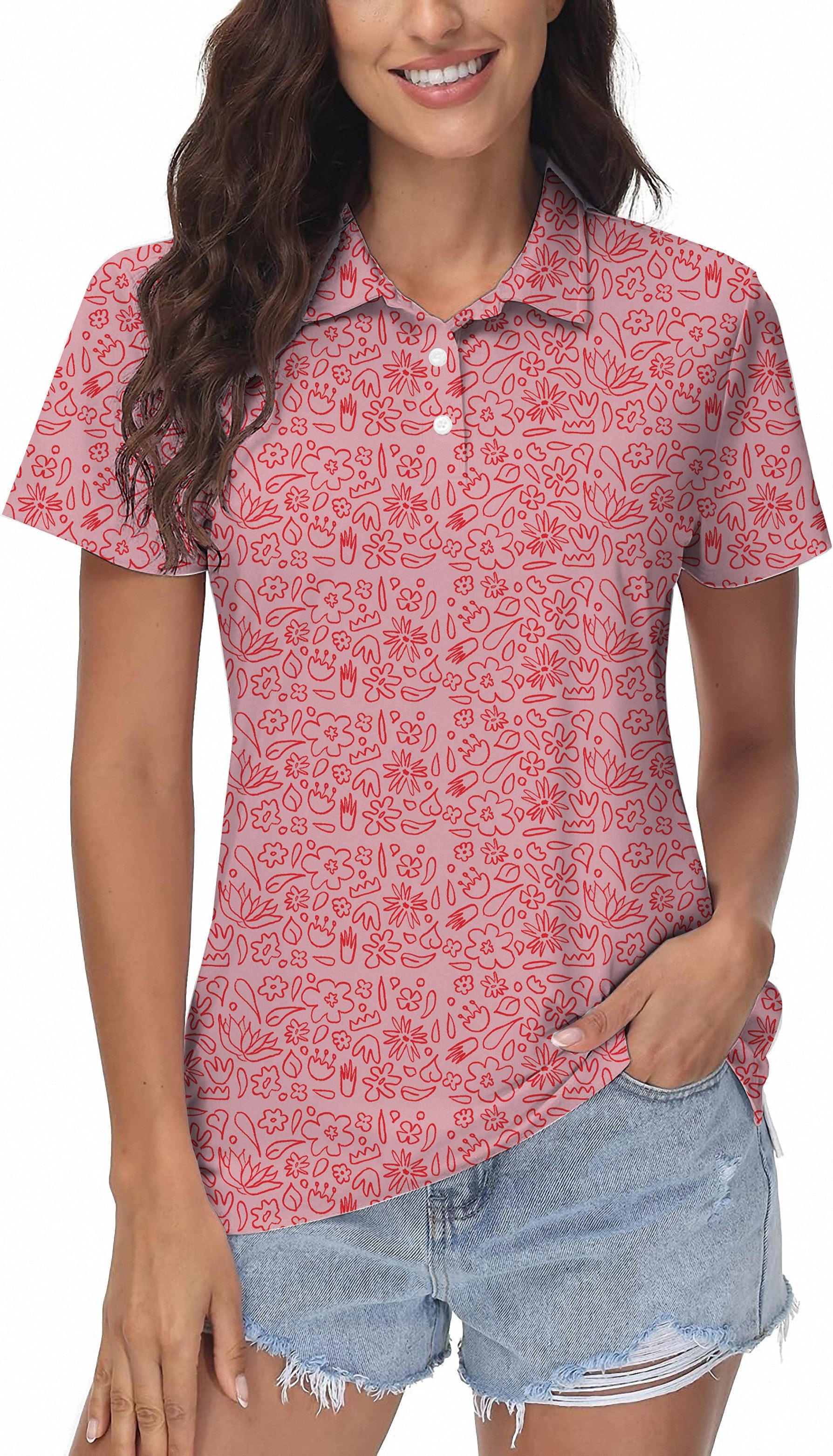 Women's golf polo with simple pink flower drawing, stretch, moisture-wicking, wrinkle-resistant, UPF 40+ protection, and classic fit.