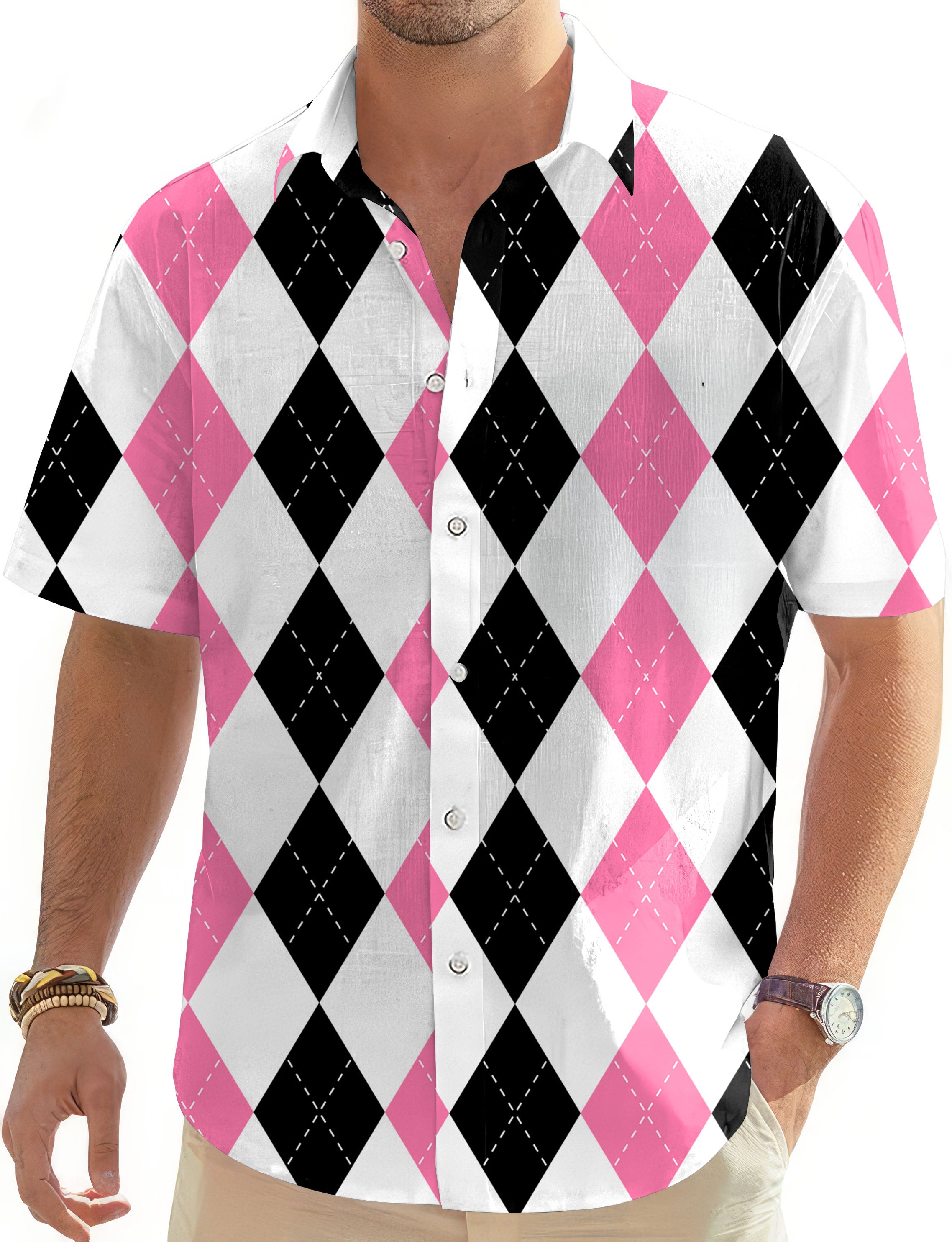 pink black argyle-Men's Golf Hawaiian Shirts Button Down Shirt