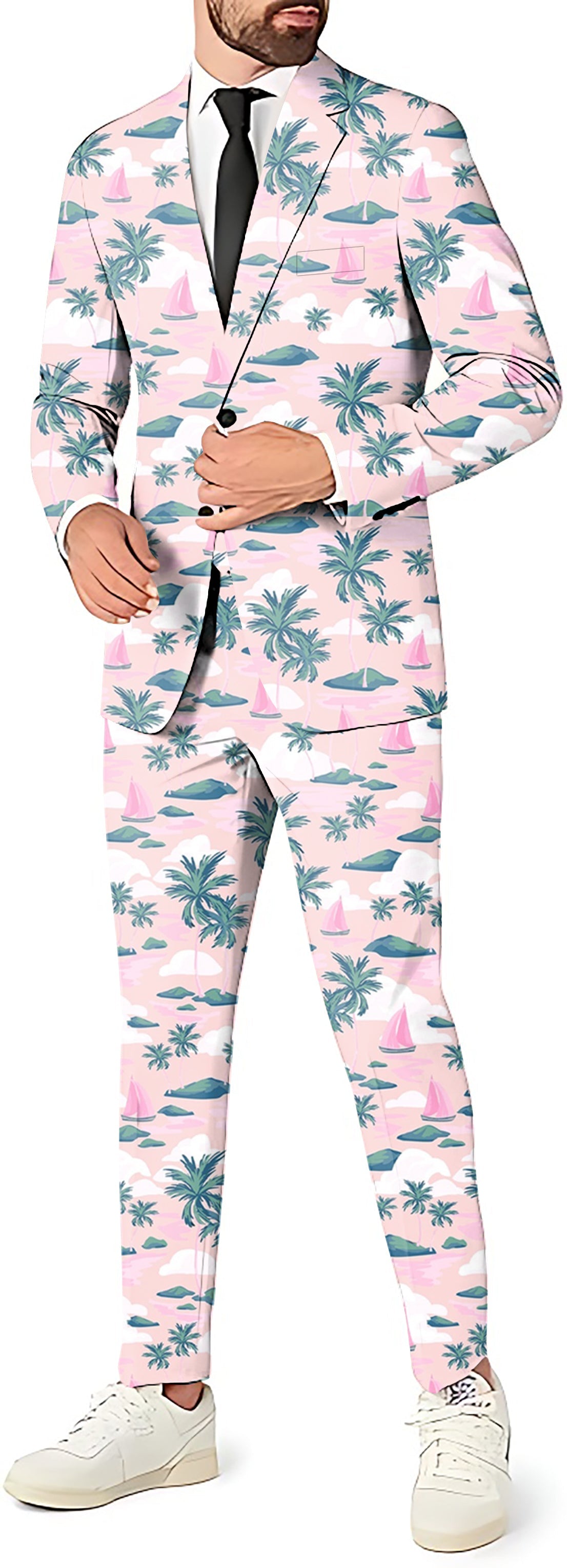 Island Time Men's pink blazer, pants, and vest suit set with palm tree and sailboat print for theme parties