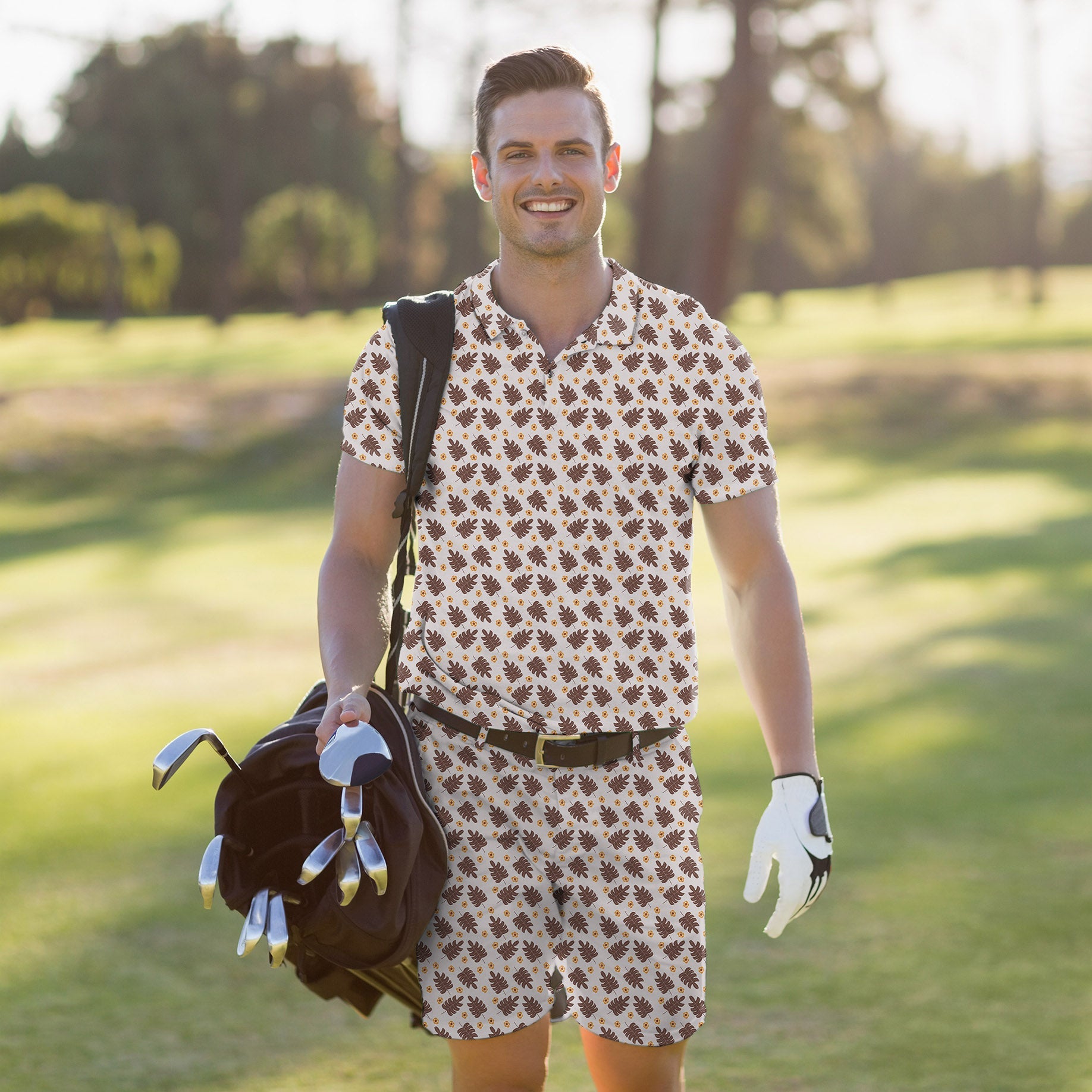 Men's Golf Set brown palm leaf polo shirt and shorts with four-way stretch and UPF 40+ protection