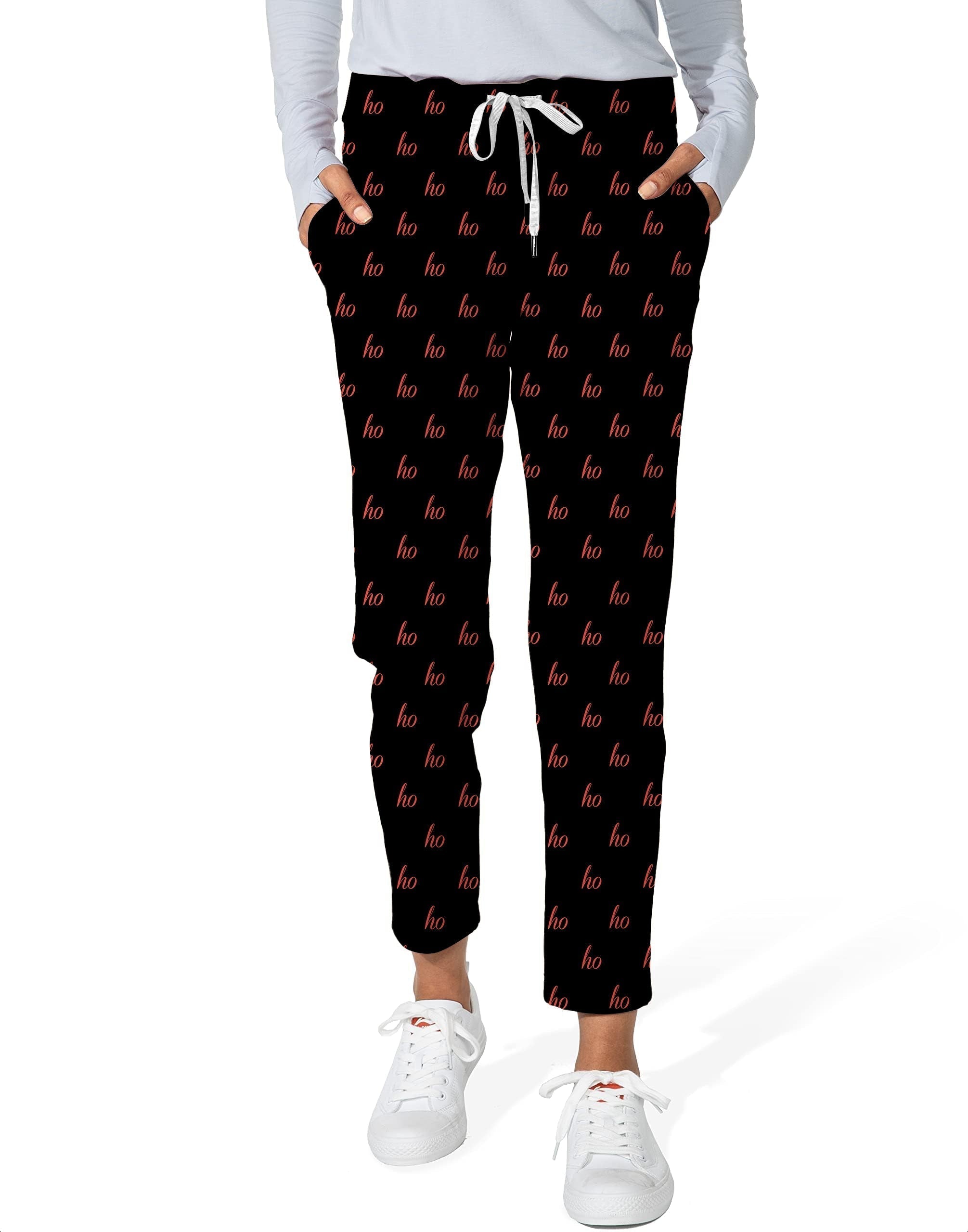 Black custom name women's 7/8 stretch ankle golf pants with "ho" Christmas pattern and side pockets