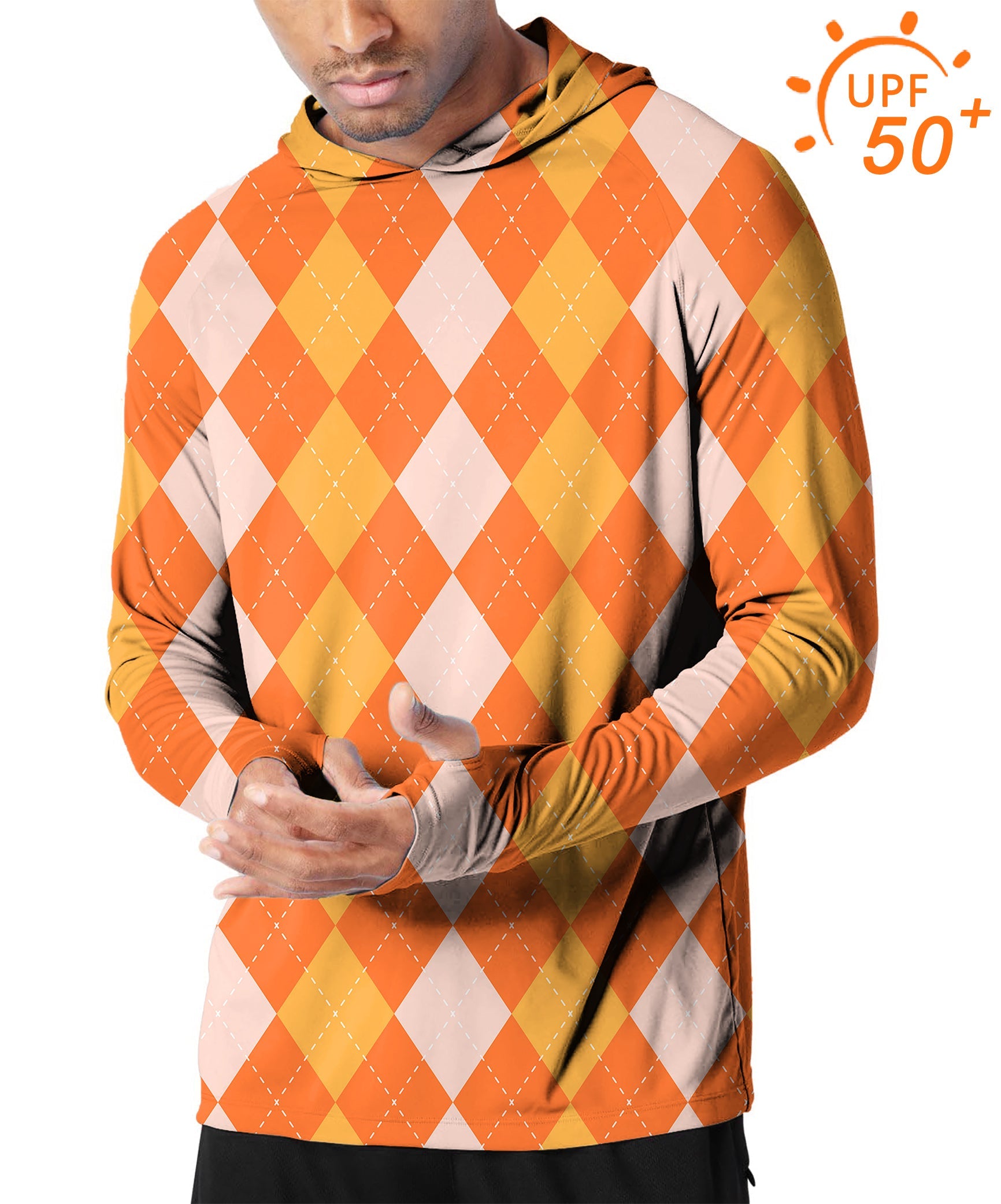 Men's outdoor Halloween orange apricot argyle slim fit golf hoodie with UPF 50+ sun protection