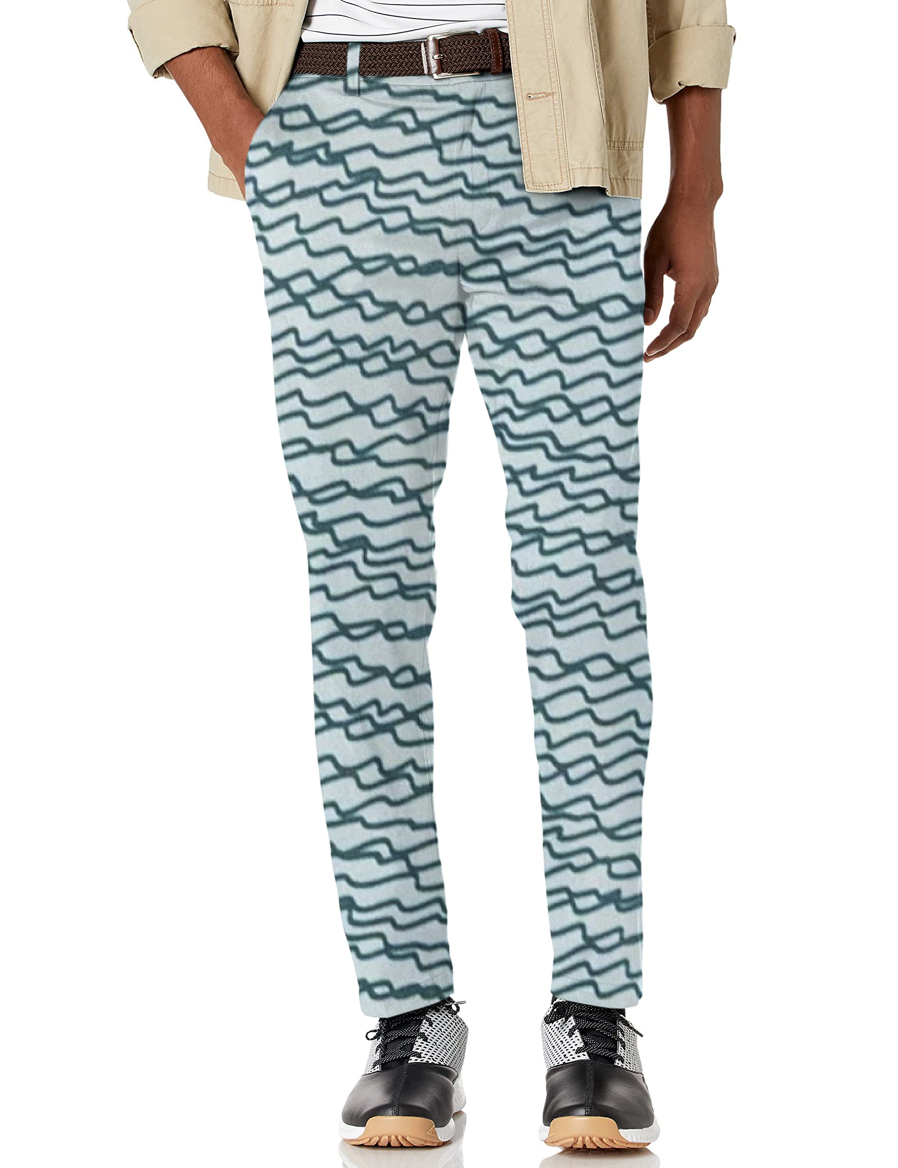 Men's green irregular wavy lines stretch golf pants with moisture-wicking and wrinkle-resistant fabric
