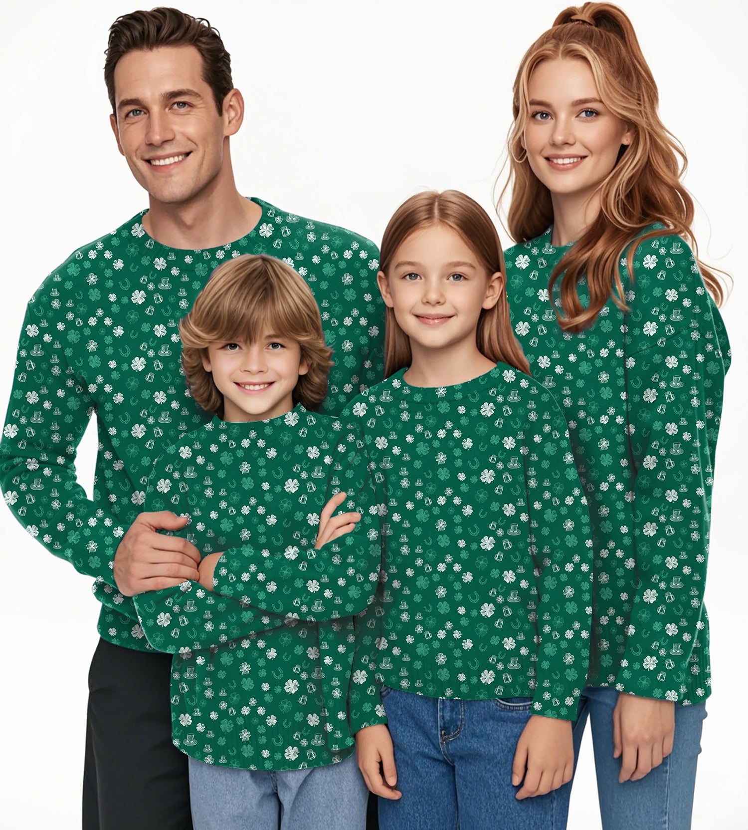 Family wearing green St. Patrick's Day crewneck pullover ugly sweaters with clover leaf design