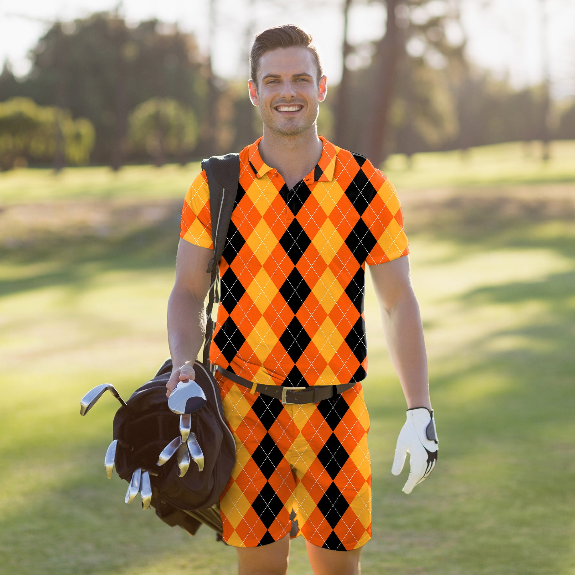 Men's Golf Set Polo+Shorts Halloween Black Yellow Orange Argyle