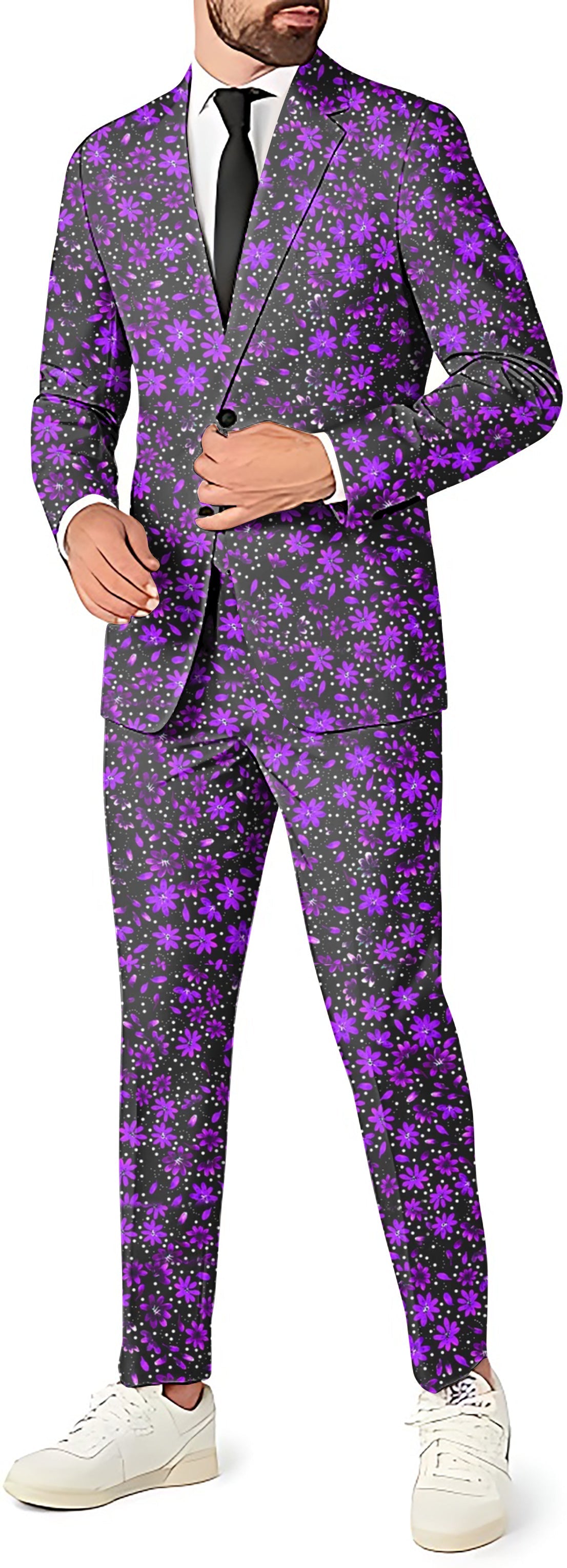 Infinite Daisy Men's party suit with purple floral pattern, blazer, pants, and vest set