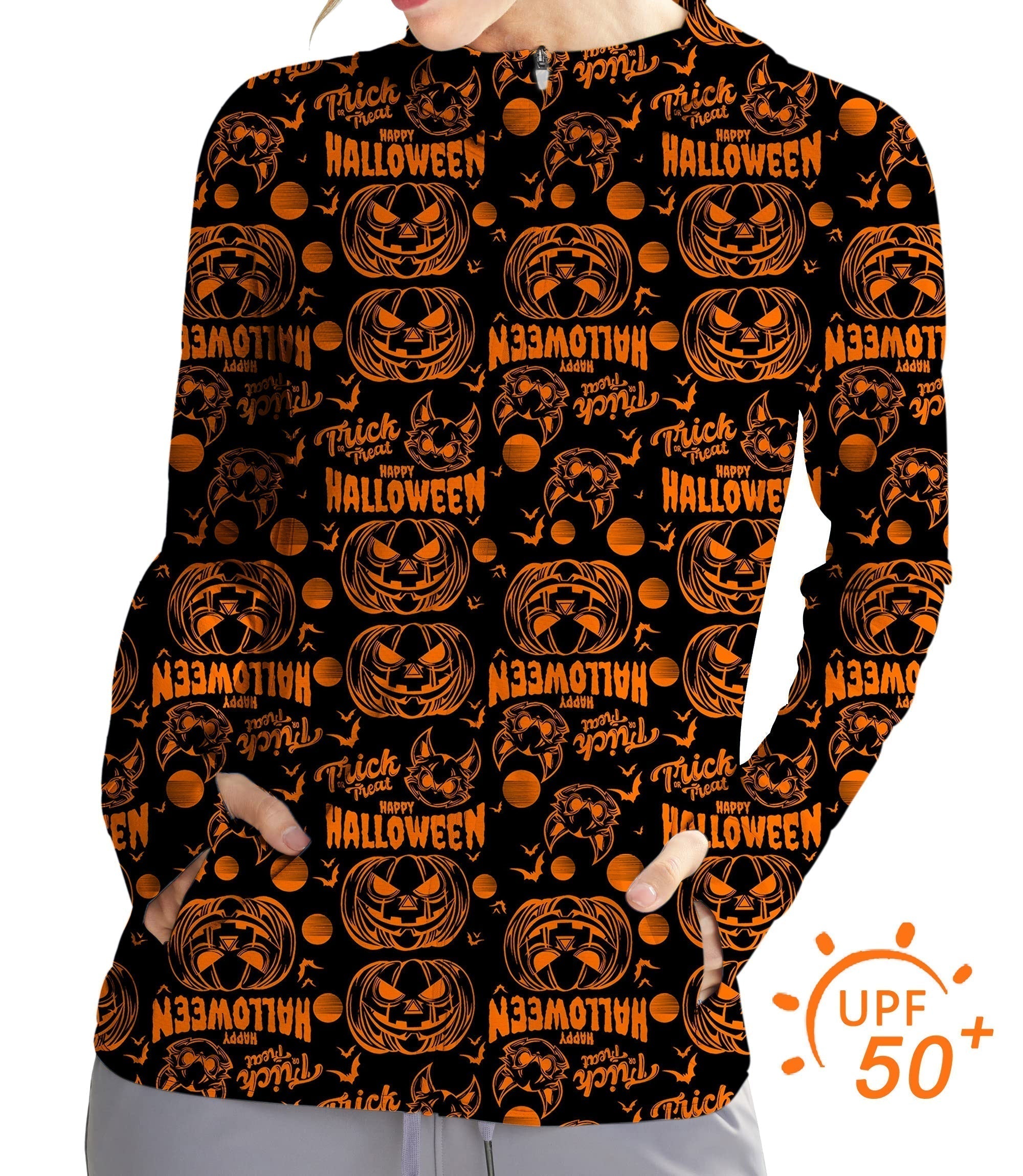 Women's slim fit zip hoodie with Halloween pumpkin print, UPF 50+ sun protection, breathable and quick-dry fabric, designed for outdoor golf and activities.