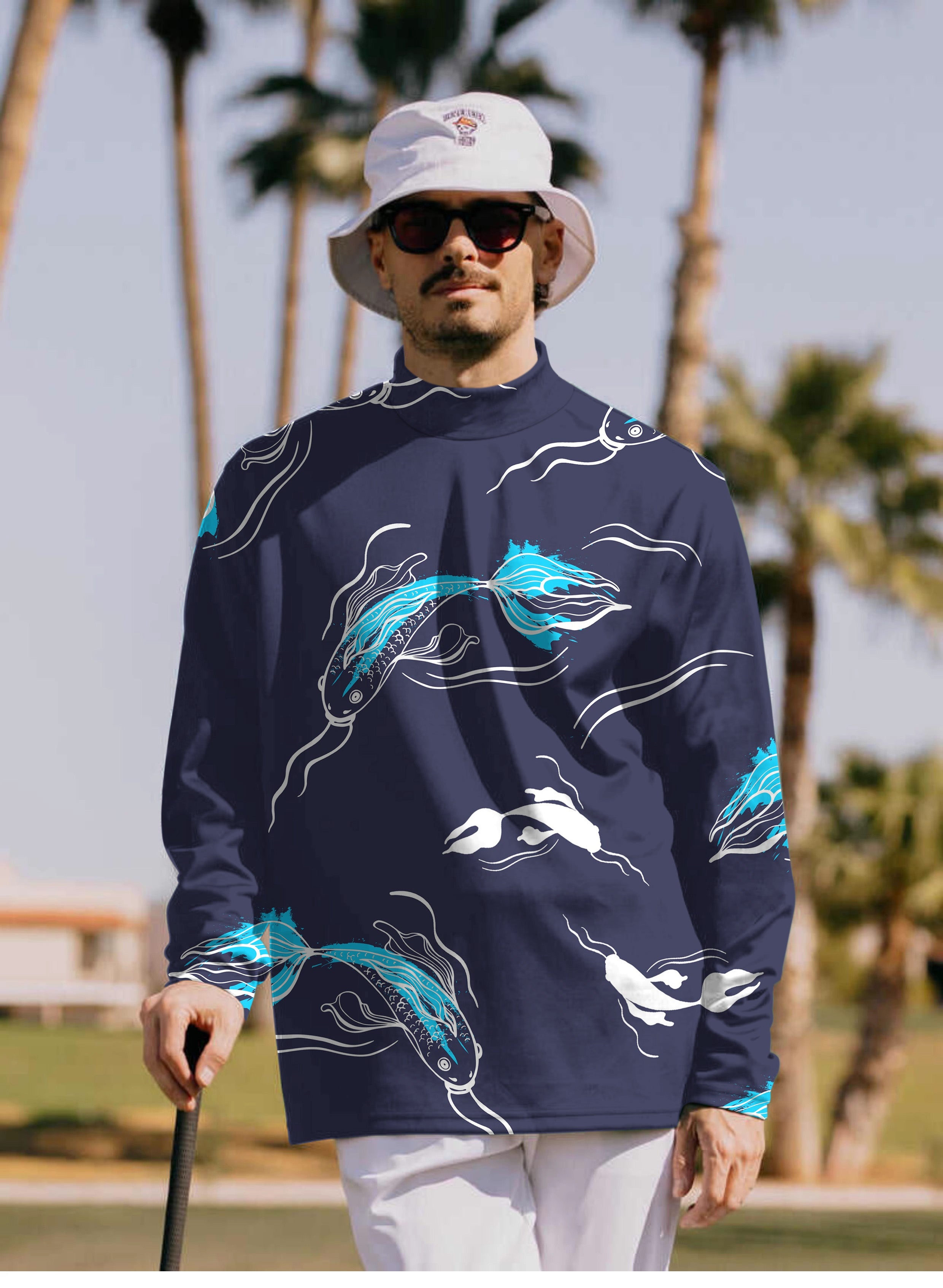 Men's Diamond Accents Fish Pullover High neck Long/Short sleeve T-Shirt