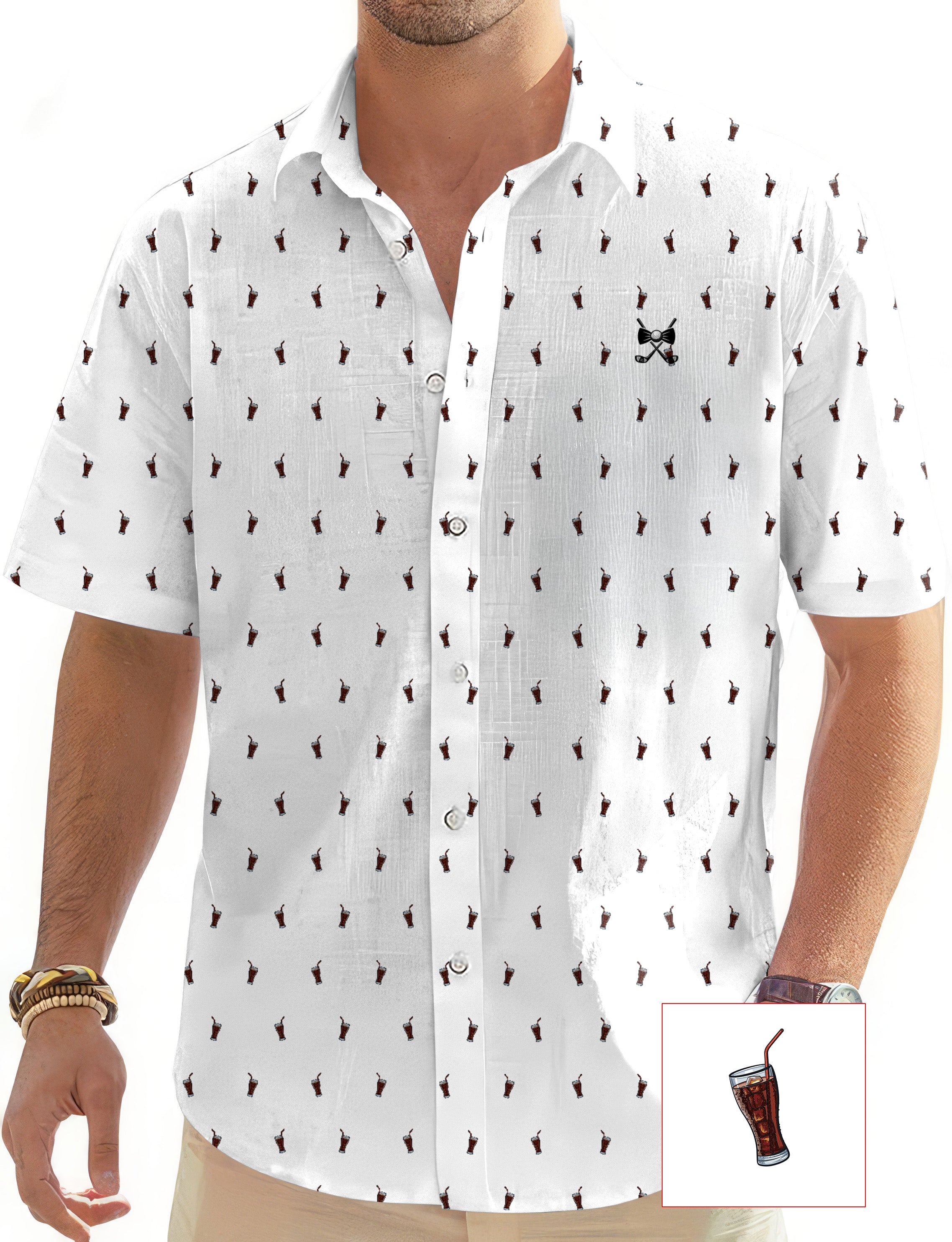 White Cola Glass Cup Men's Golf Hawaiian Shirts Button Down Shirt