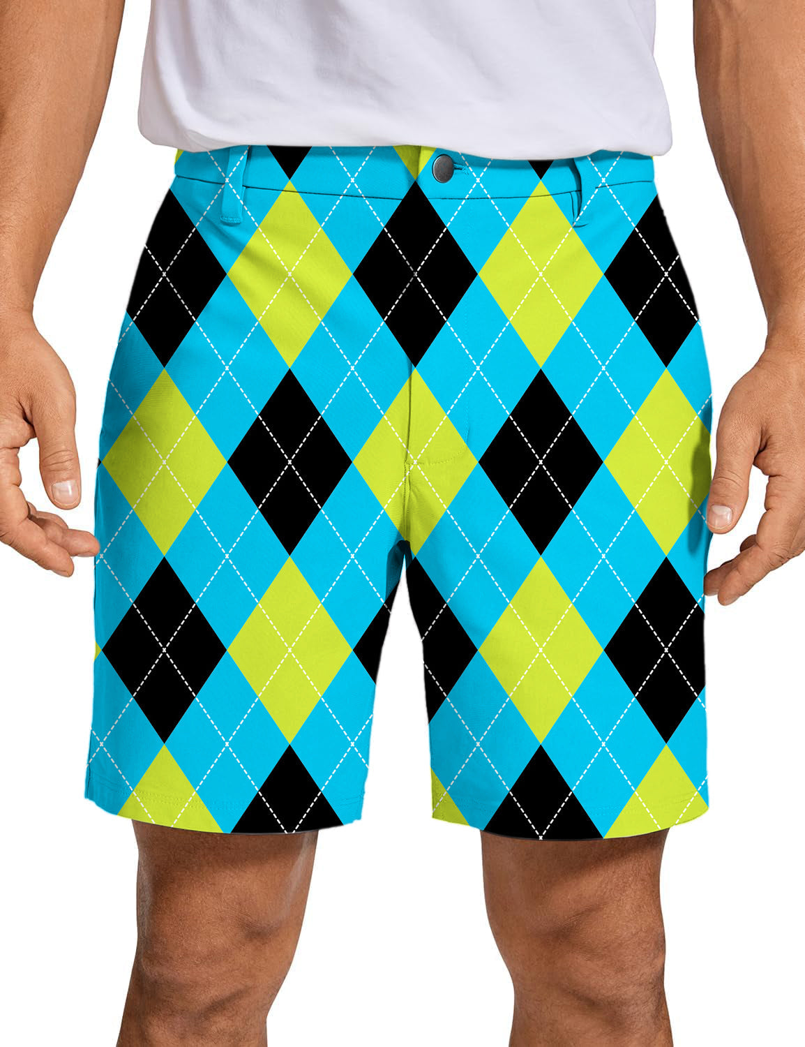 Men's Halloween black green blue white argyle patterned premium golf shorts with quick-dry fabric