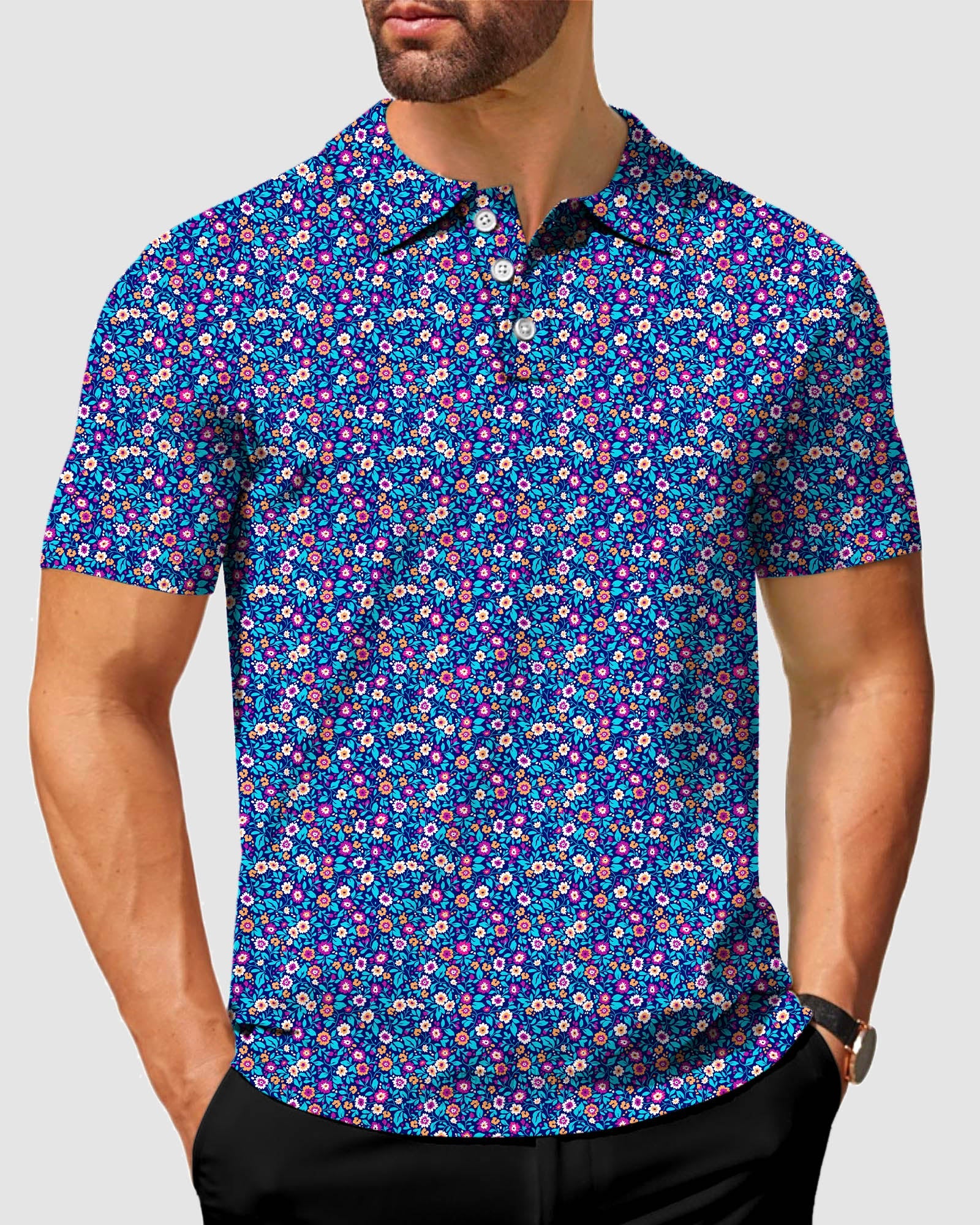 Men's dark floral polo shirt with four-way stretch, moisture-wicking fabric, wrinkle resistant, UPF 40+ protection, and classic fit for business casual wear