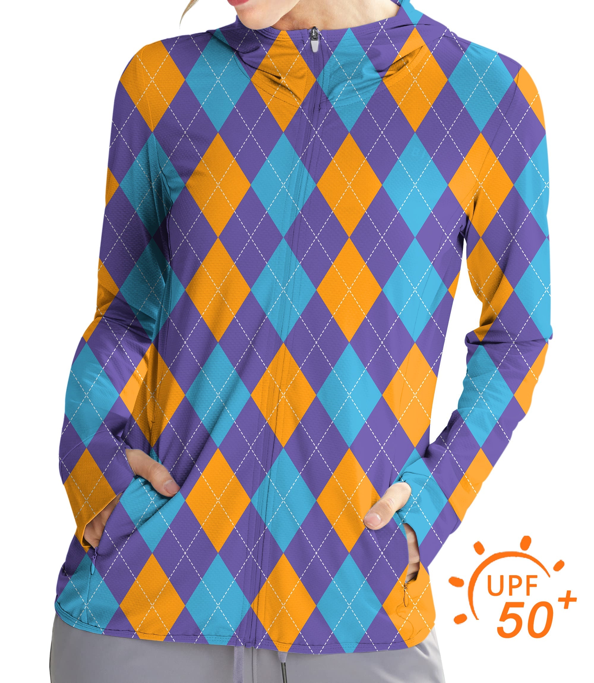 Women's Outdoor purple orange blue argyle zip hoodie with UPF 50+ sun protection and thumb holes