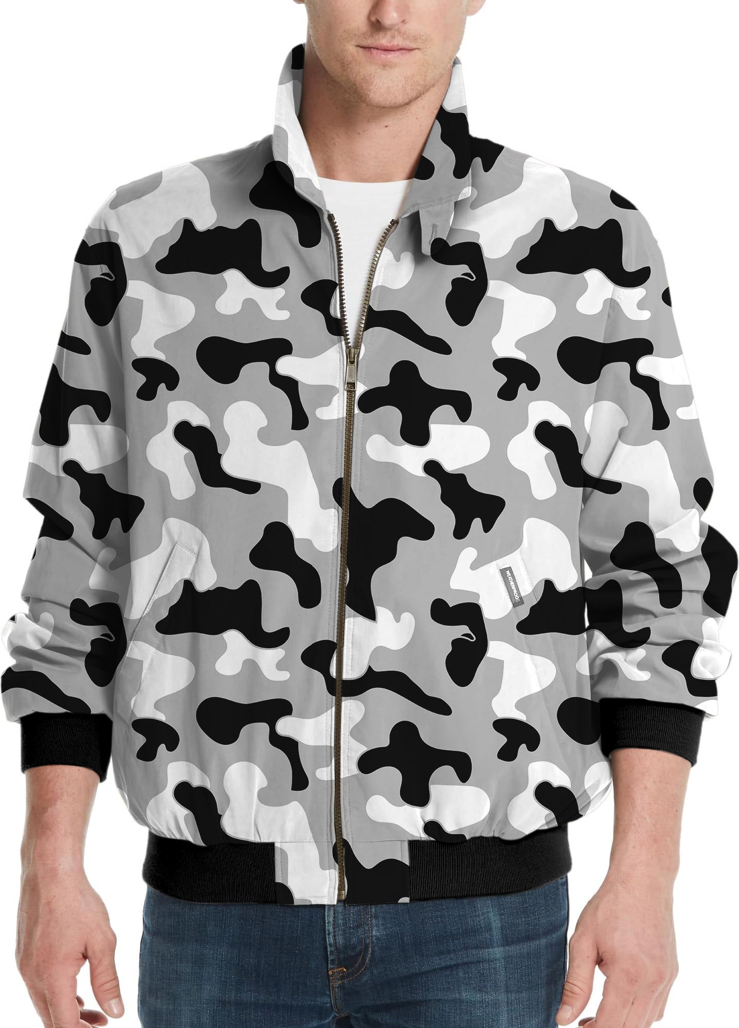 Men's grey camouflage golf windbreaker light jacket with zipper and black cuffs