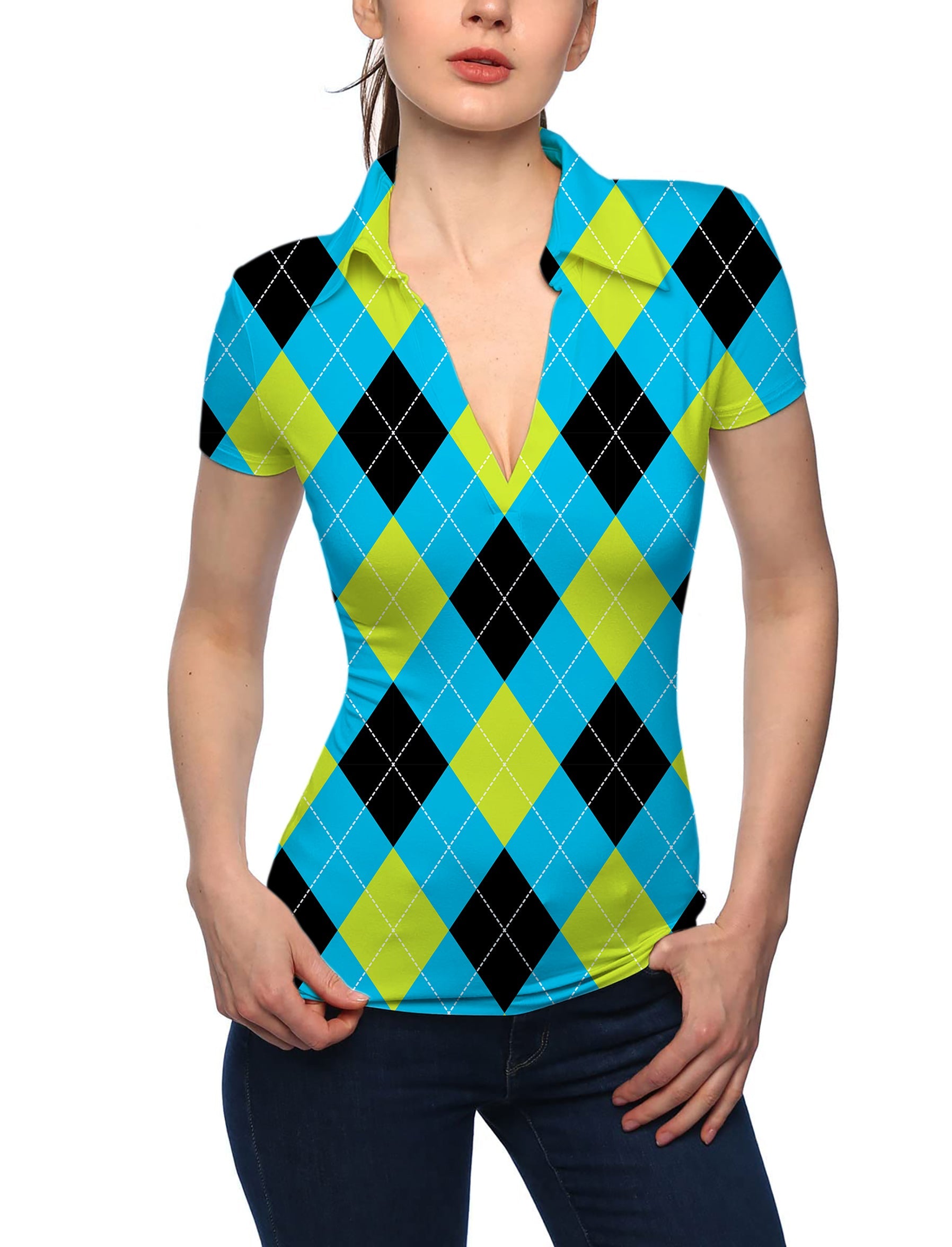 Women's Halloween black green blue white argyle V neck golf polo shirt with stand collar and short sleeves