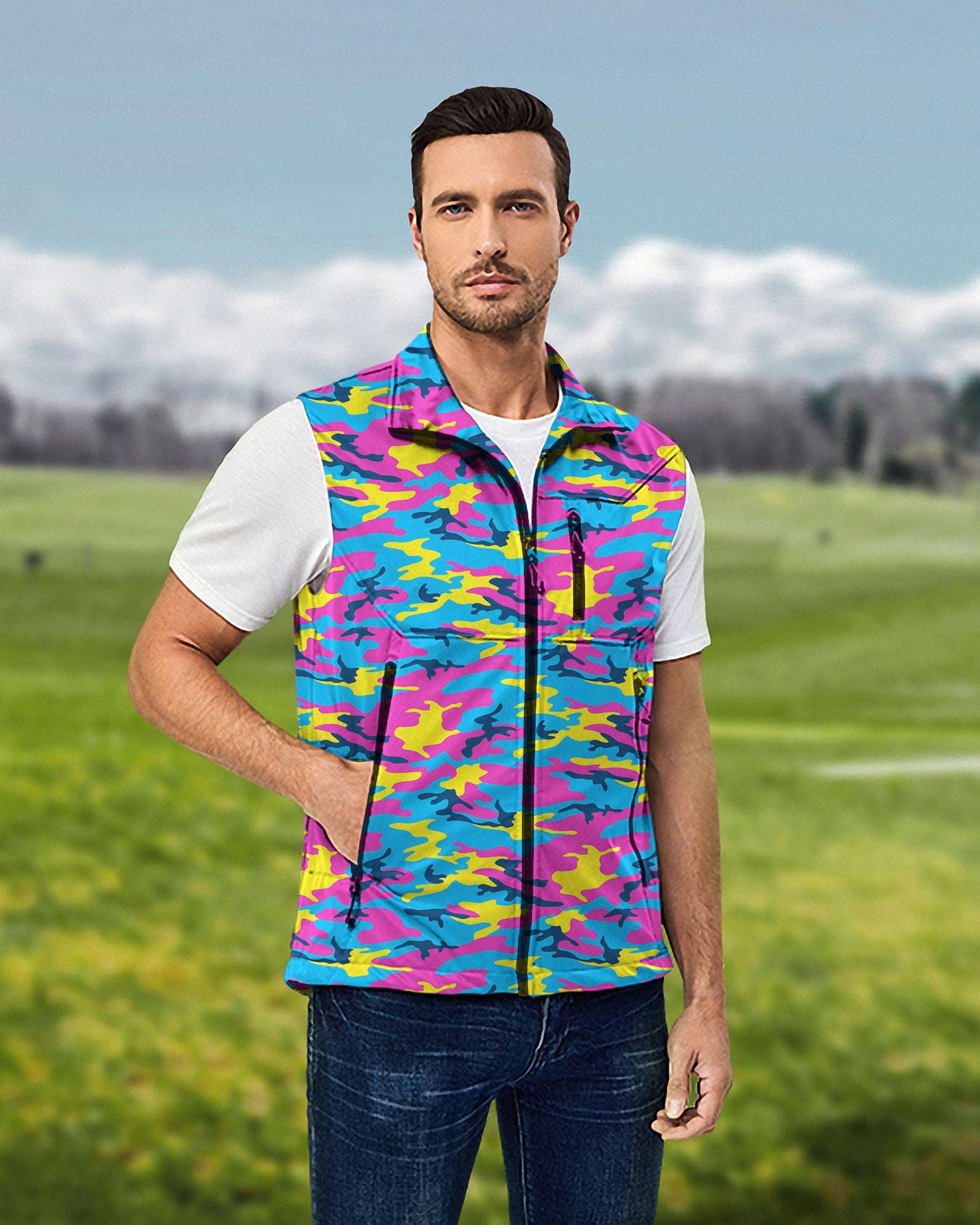 Men's Neon Camo Lightweight Softshell Vest Sleeveless Jacket for Golf Windproof Waterproof