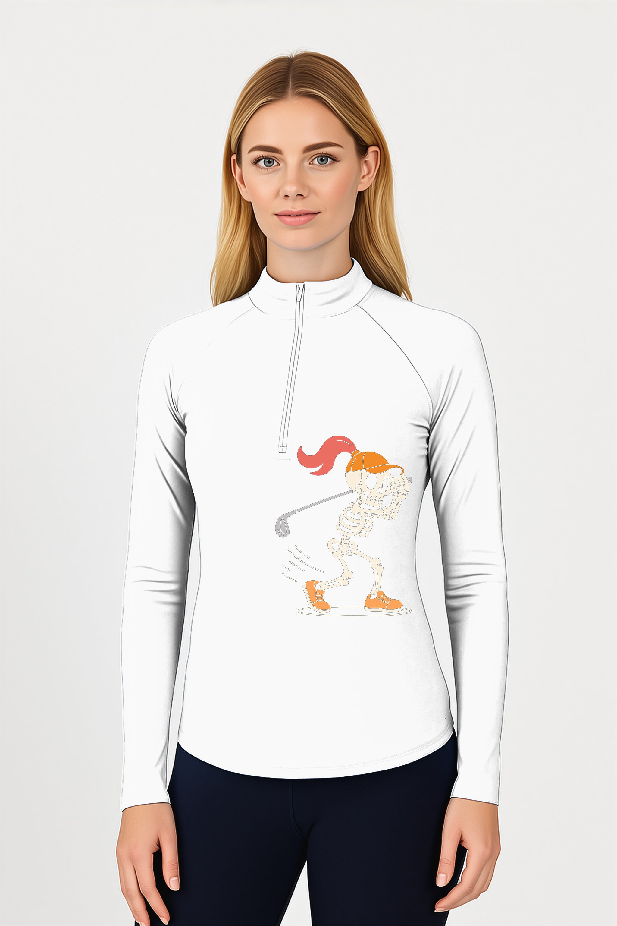 Women's pumpkin white Halloween skeleton golf 3/4 zip active top with long sleeves