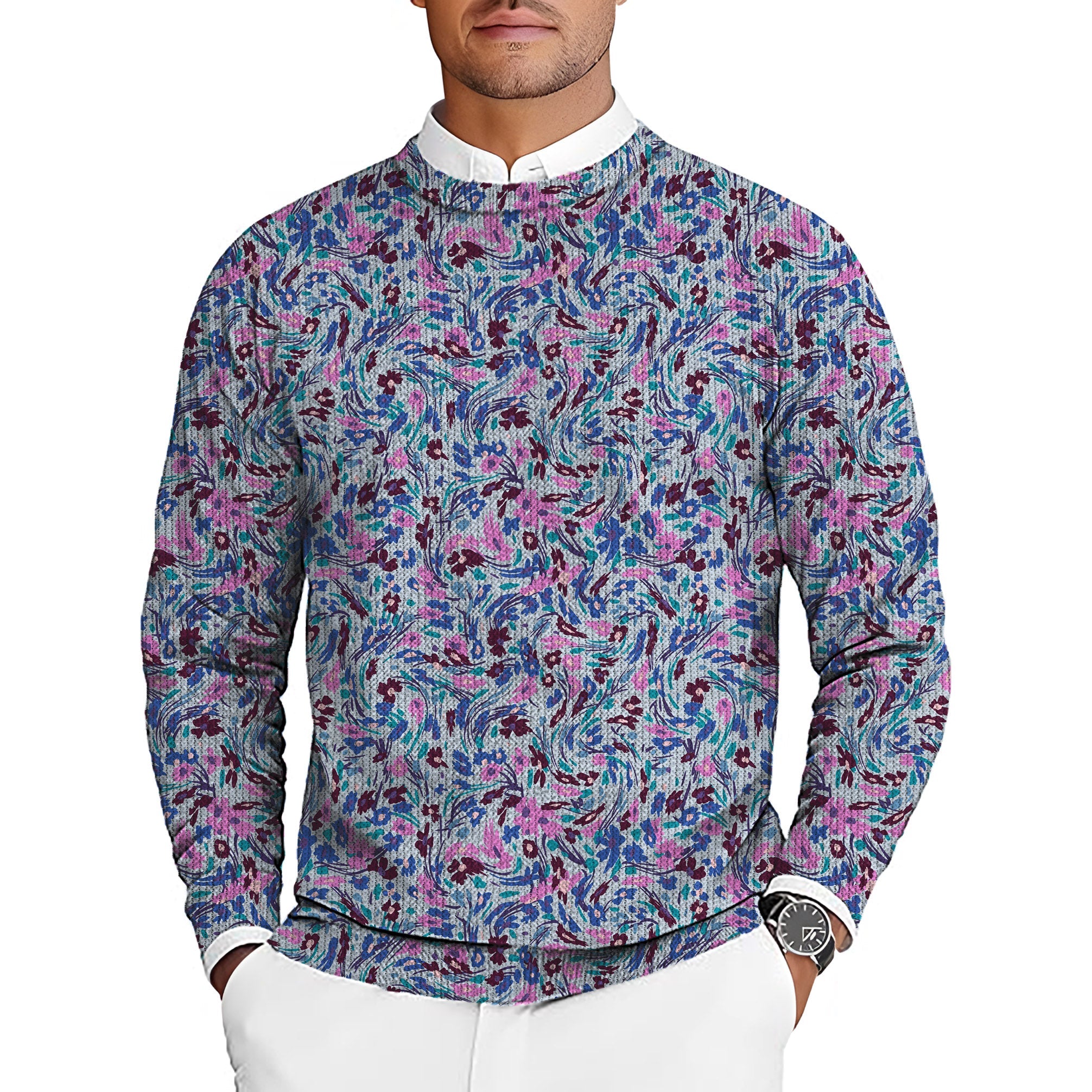 Flower Twist Men's golf crewneck pullover sweater with vibrant floral pattern