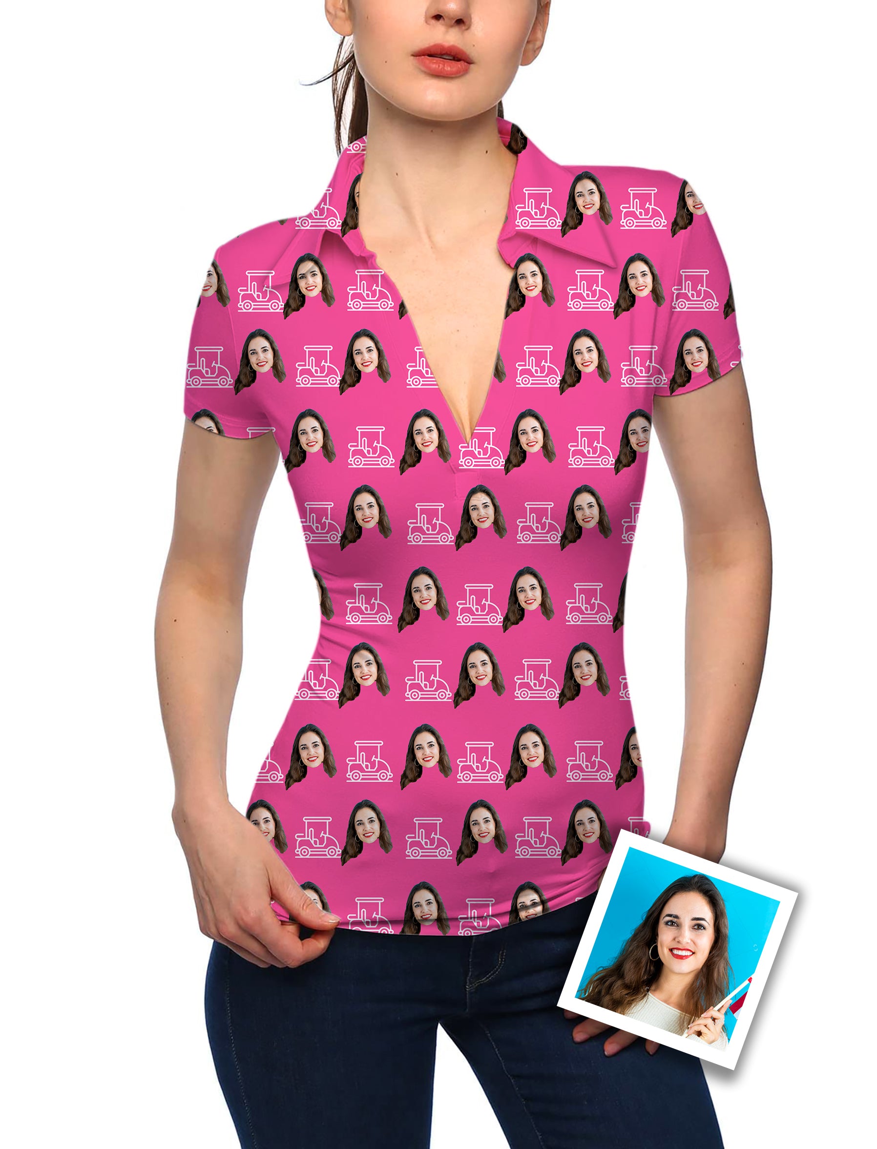 Women's Custom Photo Funny Face V Neck Golf Polo
