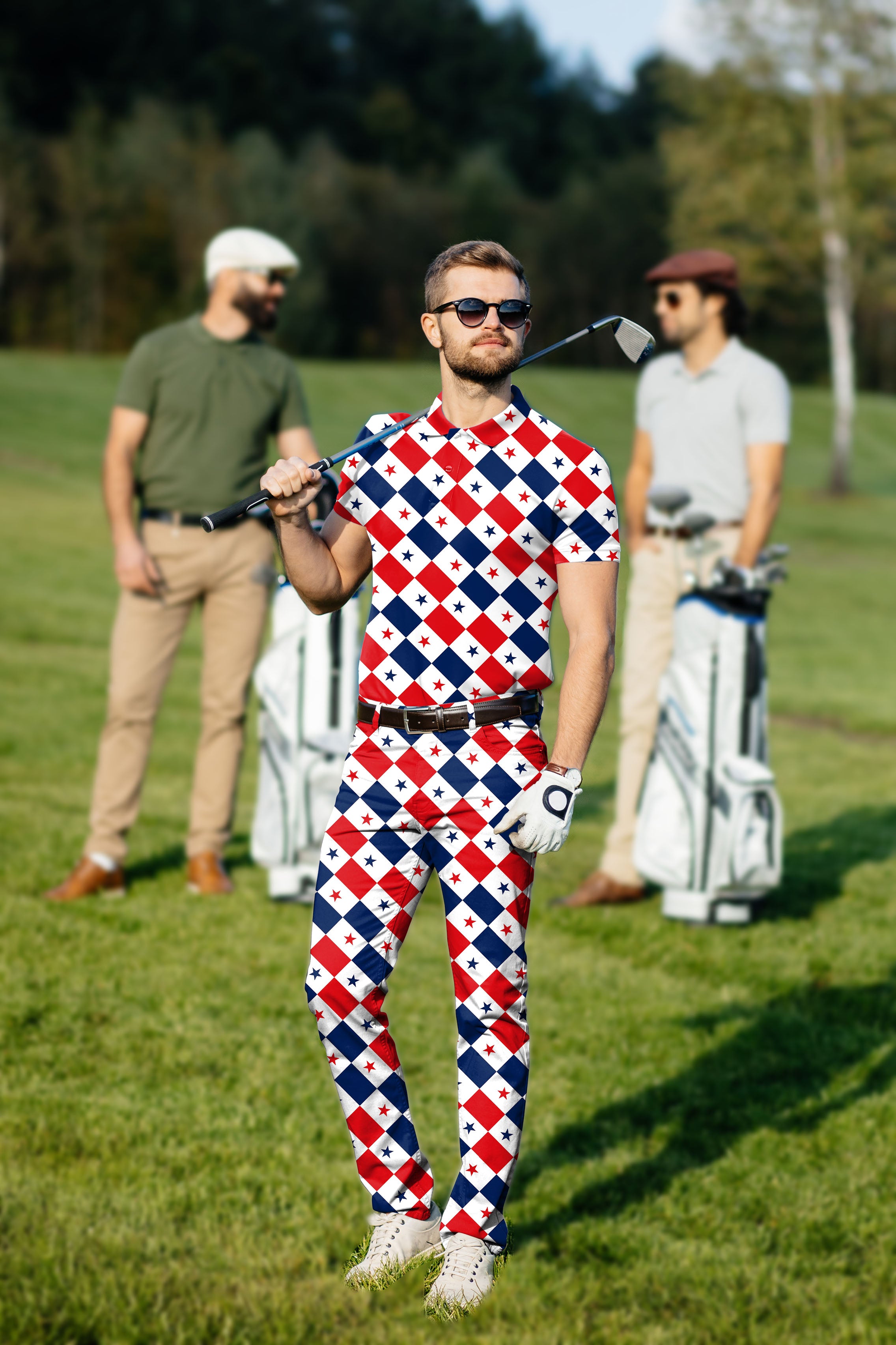 Men's Golf Set Polo+Pants Argyle US Star flag