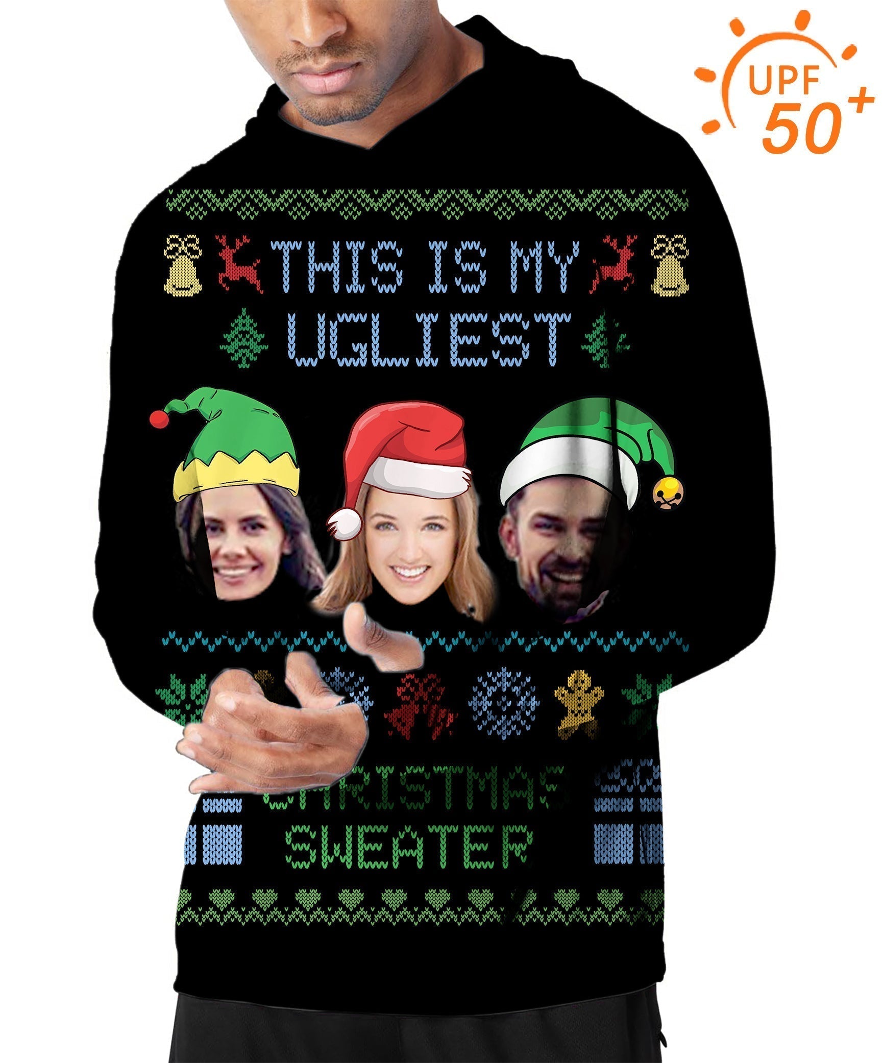 Men's outdoor black Christmas custom face golf sun protection slim fit hoodie with UPF 50+ protection and festive design.