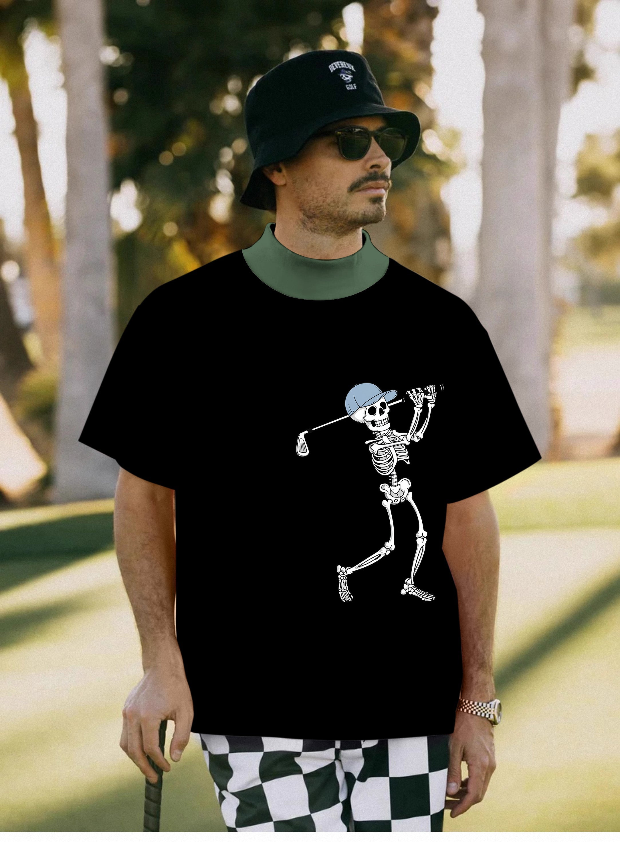 Men's blue green black Halloween skeleton golf pullover with high neck and skeleton graphic
