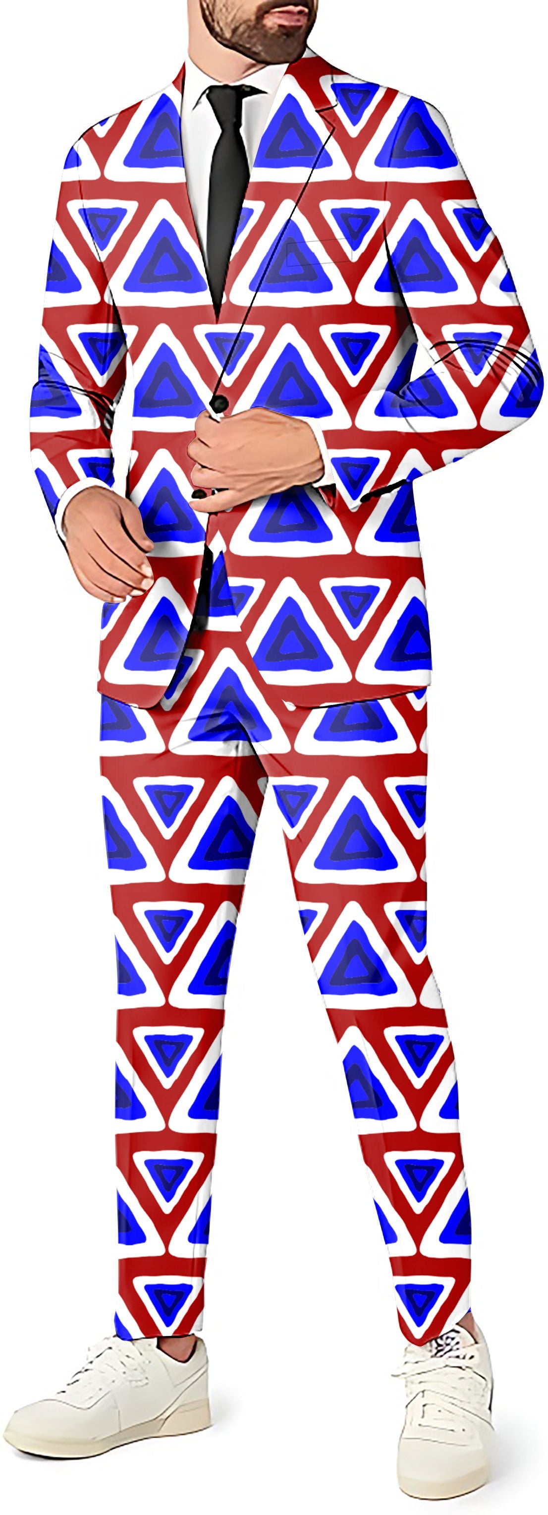 Men's party costume with triangle tribal print blazer and pants suit set