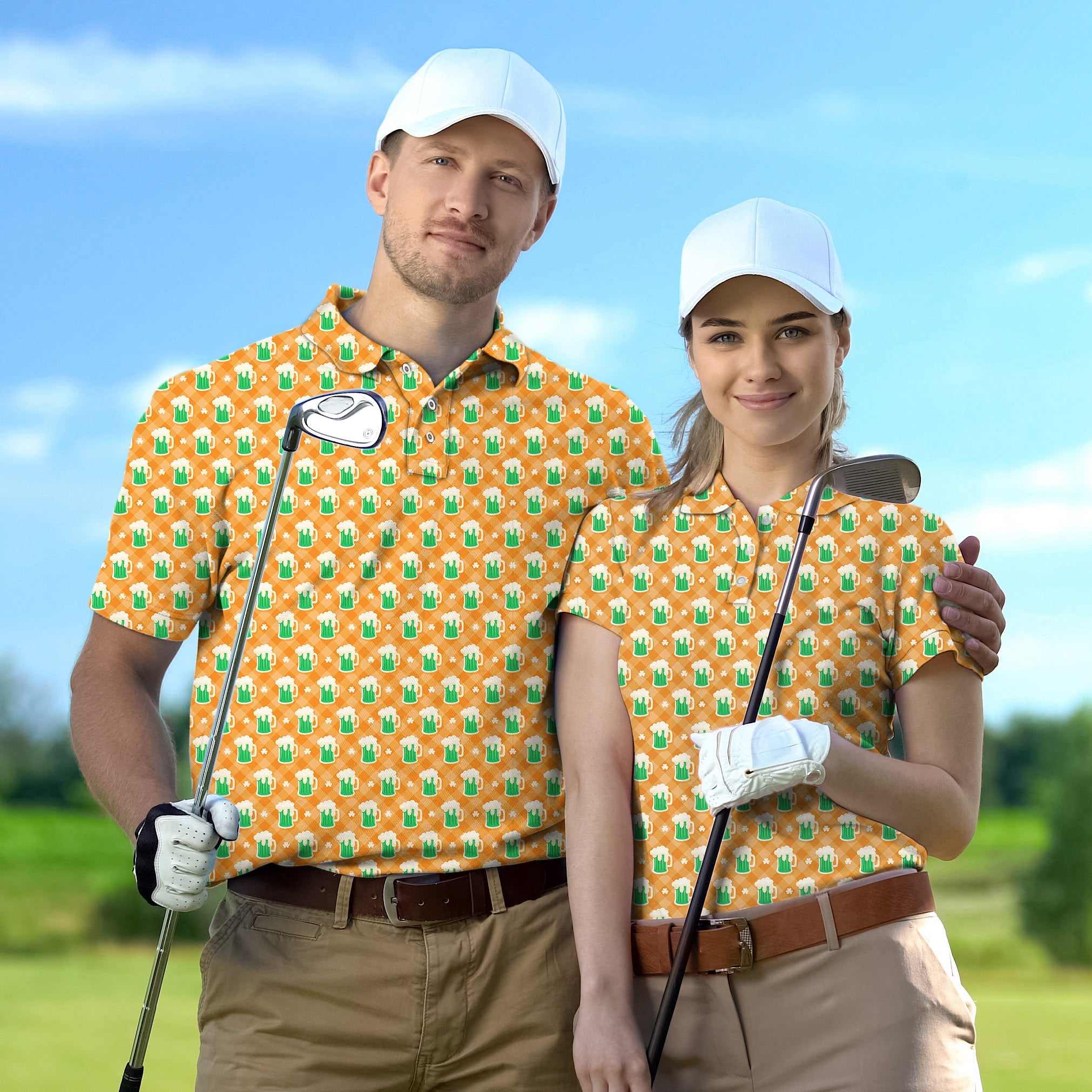 Couple wearing matching St. Patrick's Day themed golf polos with green beer and clover leaf pattern on golf course