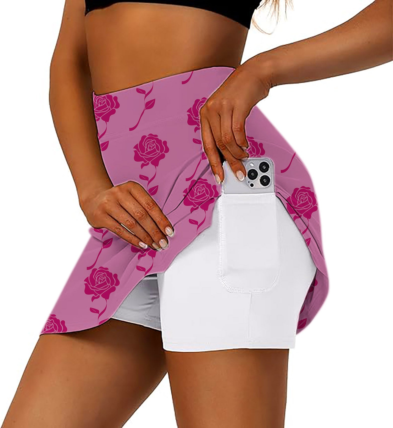 Limited Edition red roses women's athletic golf skorts with phone pocket and flared skirt design