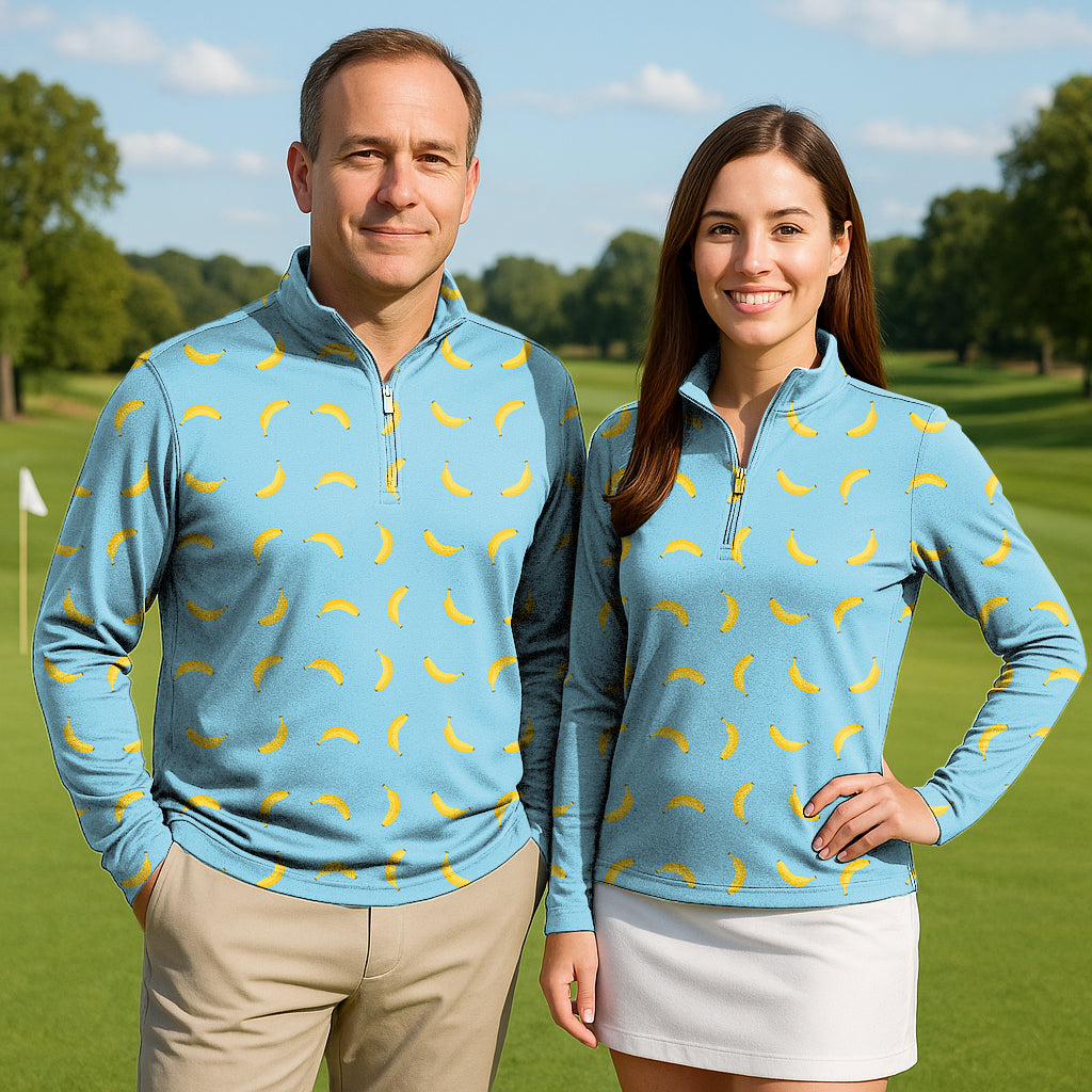 Banana Couple Golf active 3/4 zip tops with banana print, lightweight, sun-safe, and semi-fitted for men and women outdoors