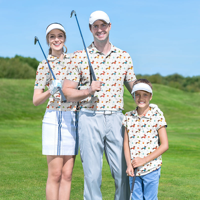 Family wearing matching colorful Family Christmas Dachshund golf shirts holding clubs on golf course