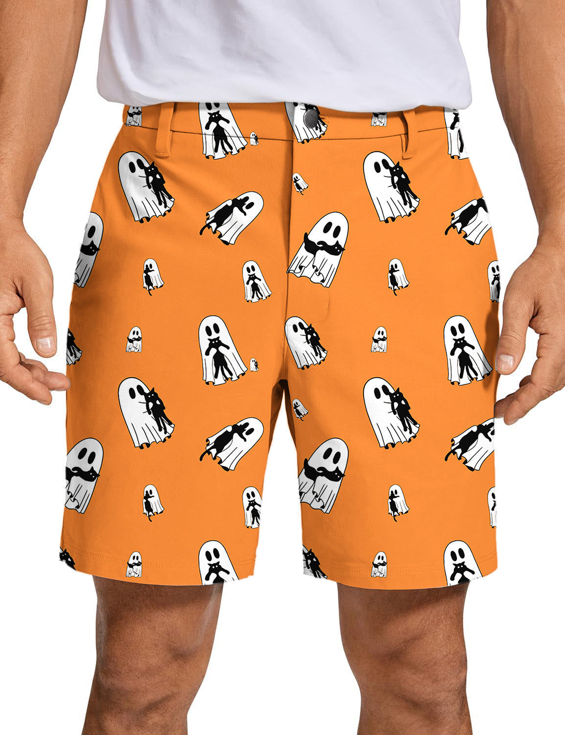 Men's Halloween ghost print golf shorts in orange with white and black ghost designs