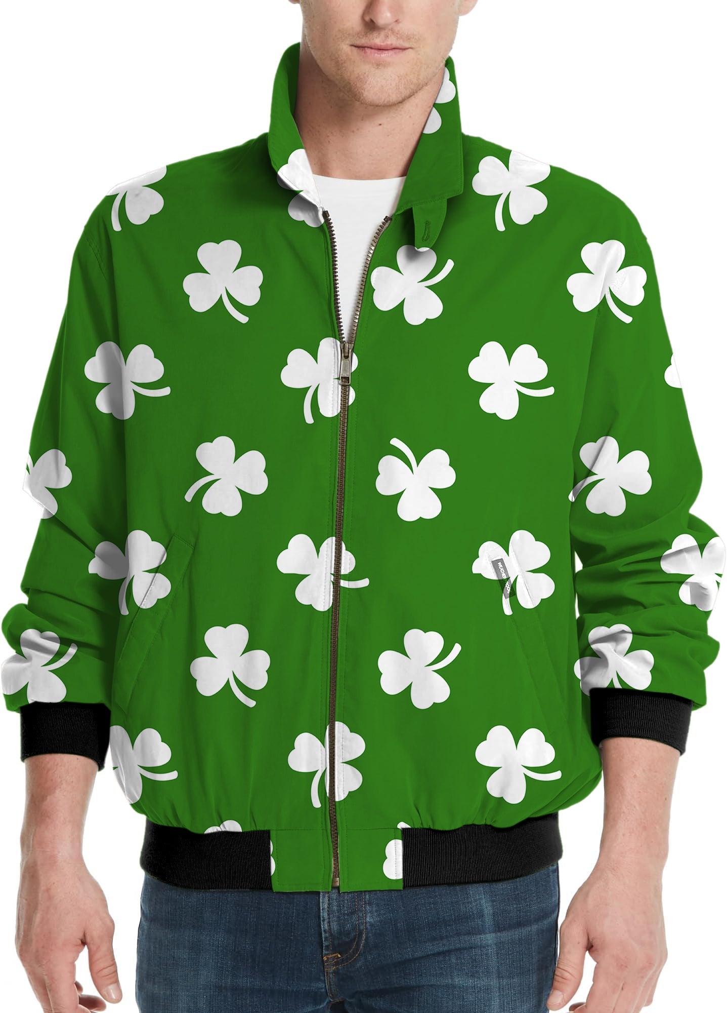 Men's green golf windbreaker jacket with white leaf clover pattern for St. Patrick's Day
