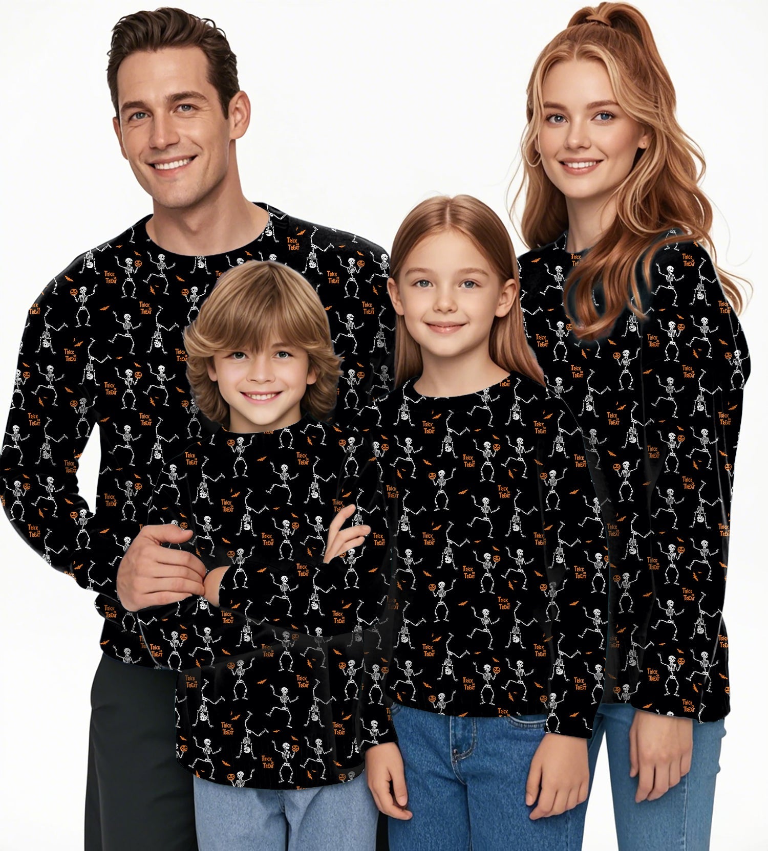 Family wearing matching Halloween Dancing Skeletons black crewneck pullovers