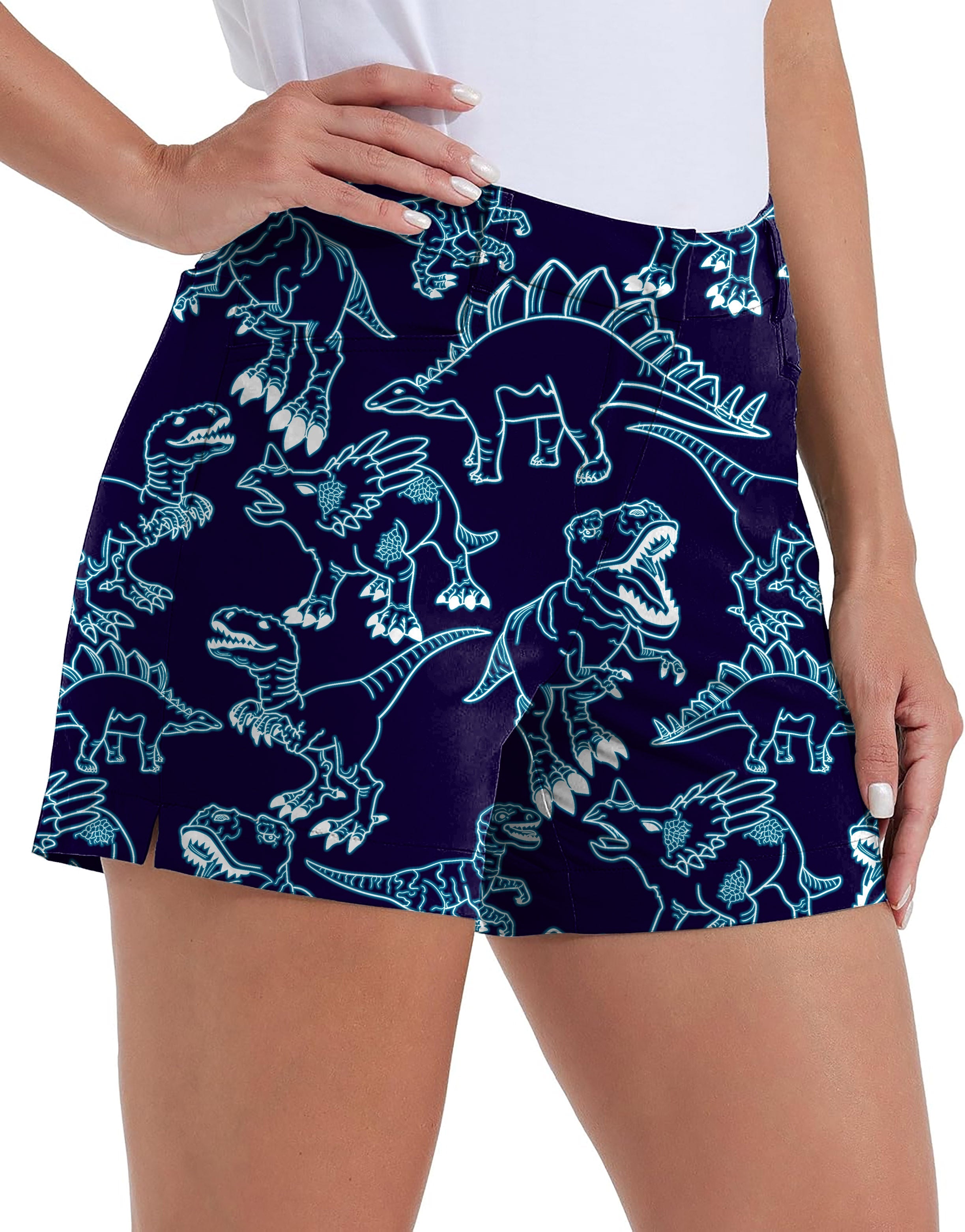 Women's Neon Dino's Polo quick-drying golf shorts with dinosaur print and pockets