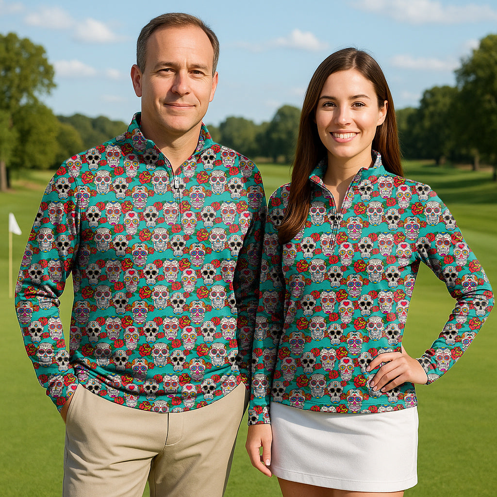 Skull and Rose couple golf active 3/4 zip top long sleeves in colorful skull and rose pattern, lightweight and sun-safe fabric