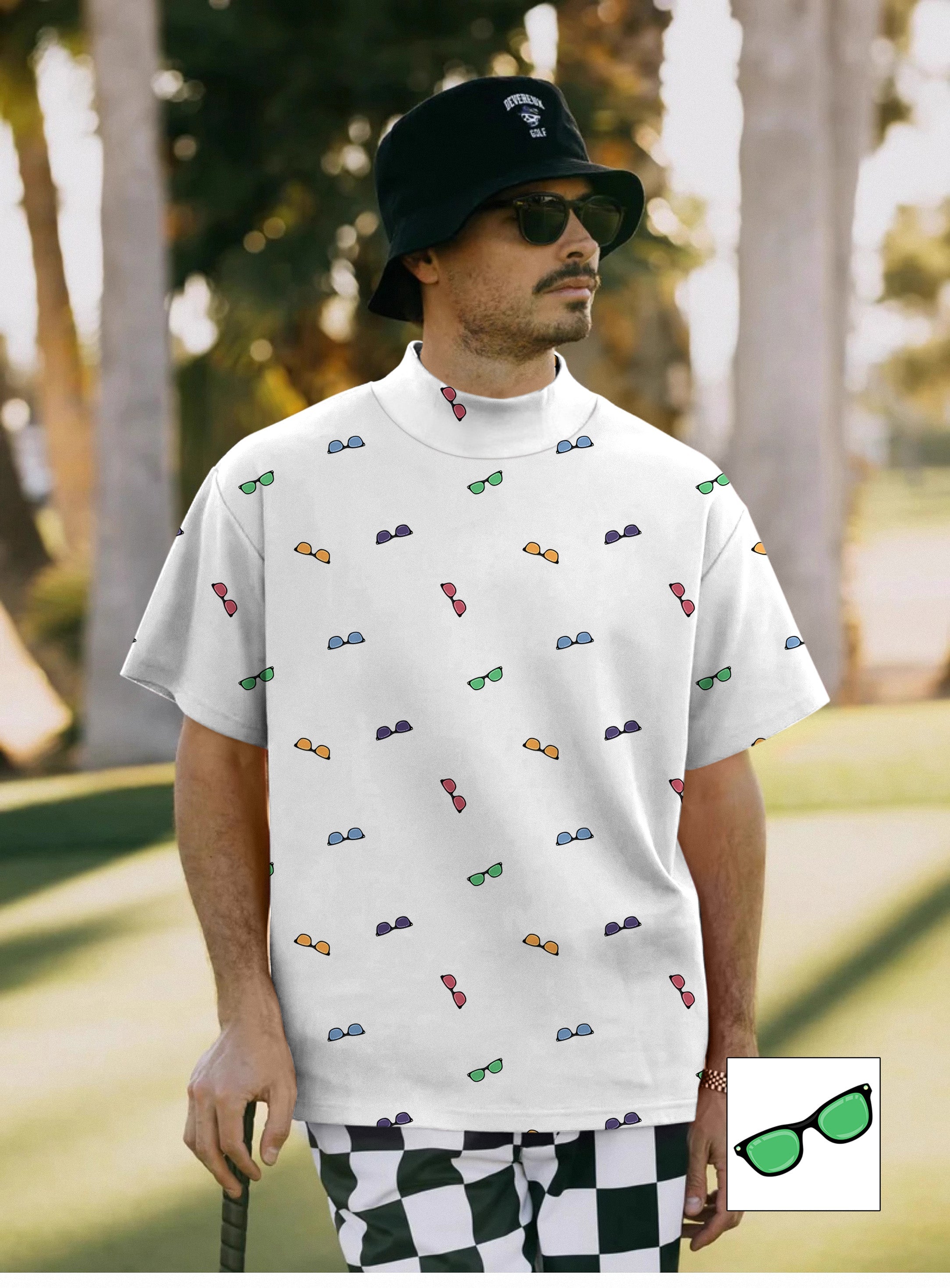 Men's colorful sunglass print pullover T-shirt with high neck and short sleeves, customizable golf team uniform shirt